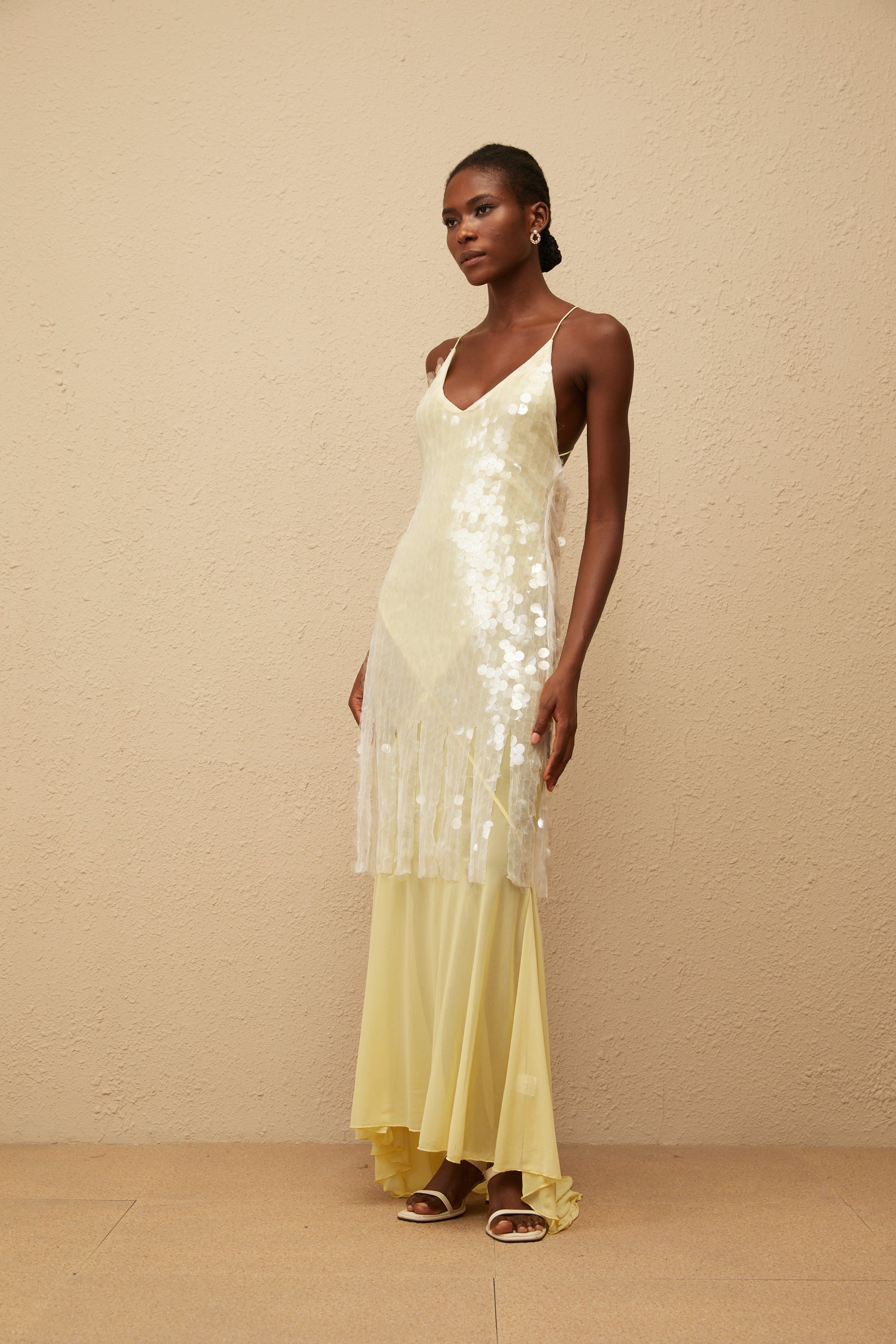 Joyau Yellow Sequin Mesh Maxi Dress
