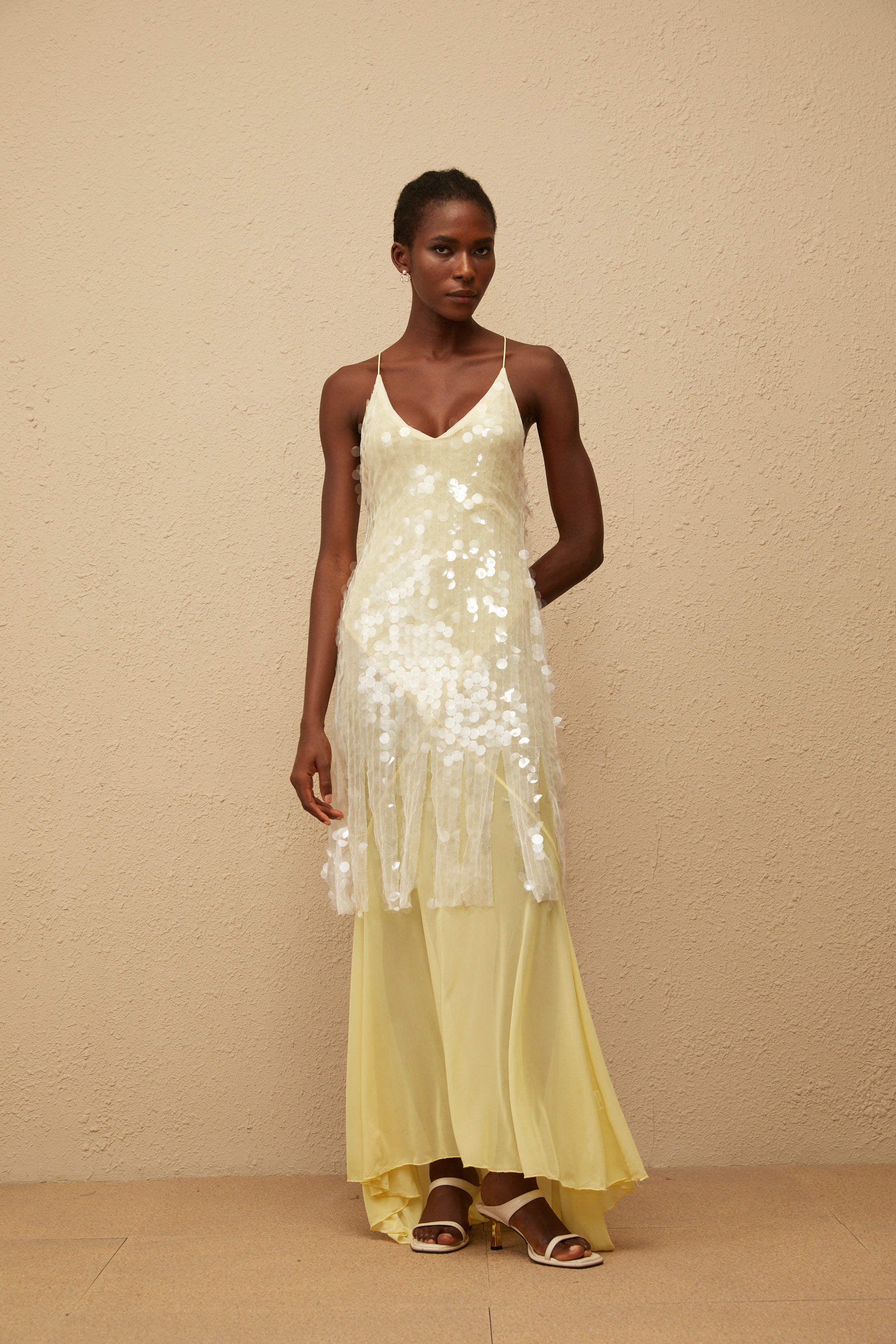 Joyau Yellow Sequin Mesh Maxi Dress