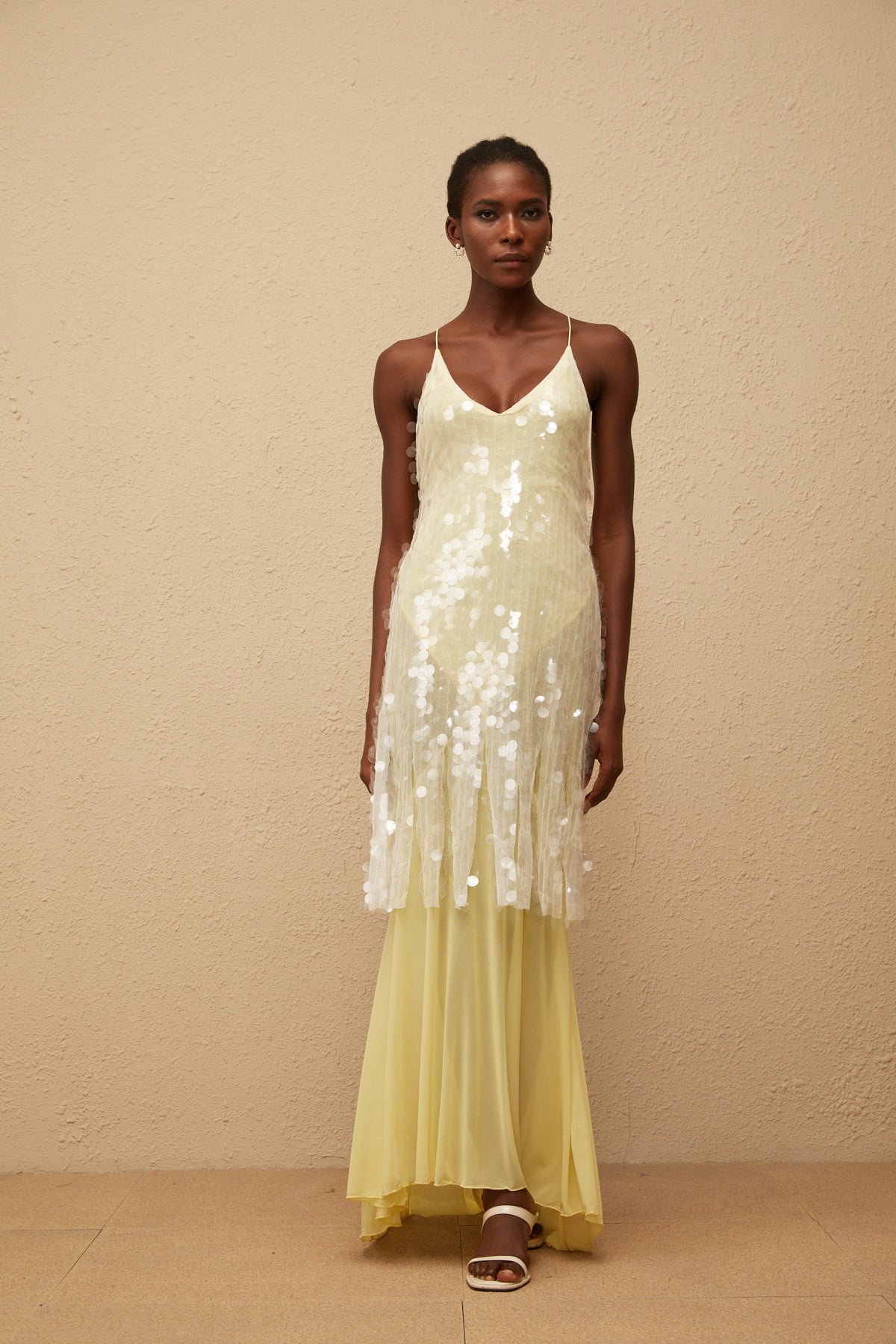 Joyau Yellow Sequin Mesh Maxi Dress
