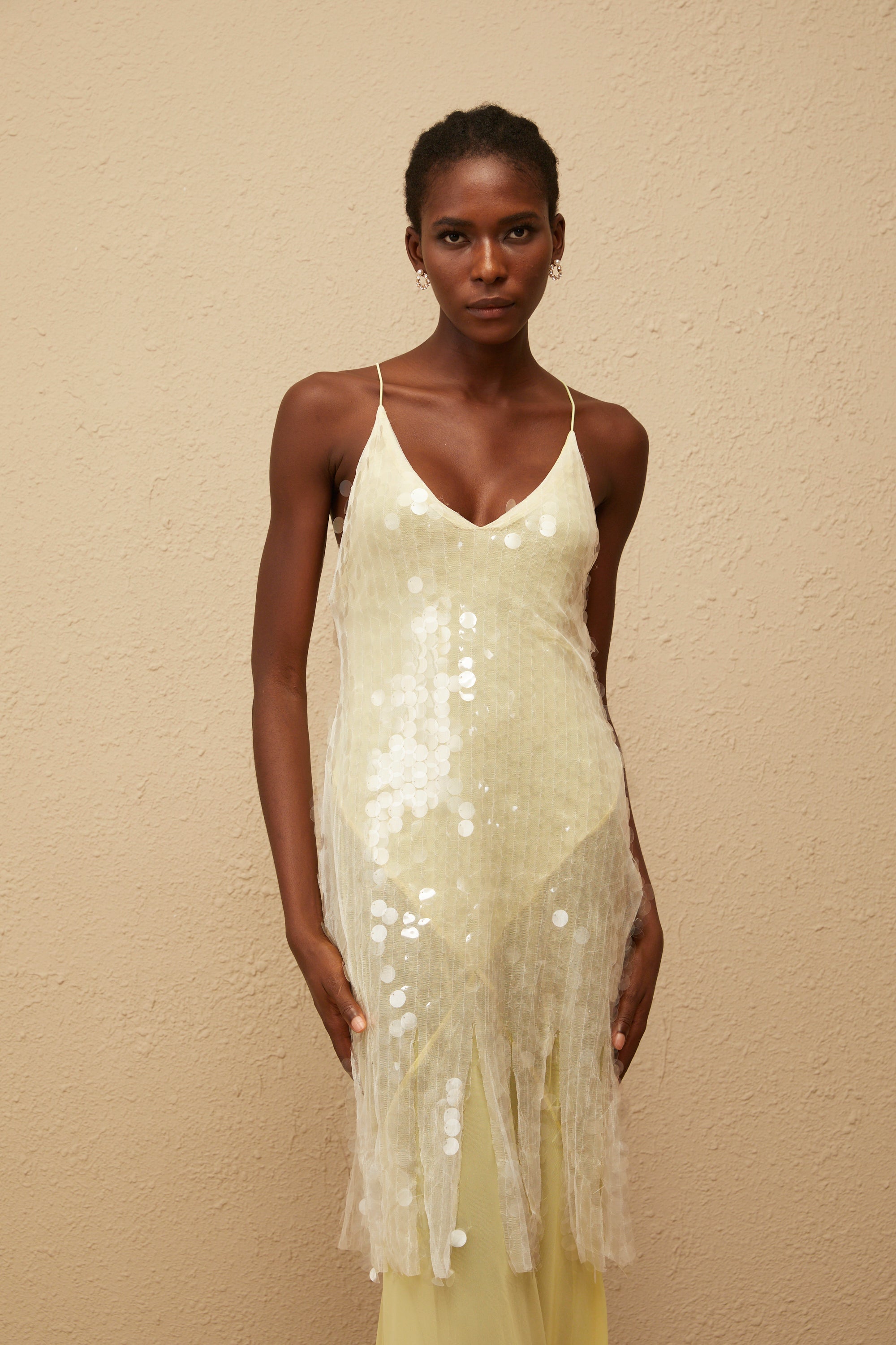Joyau Yellow Sequin Mesh Maxi Dress