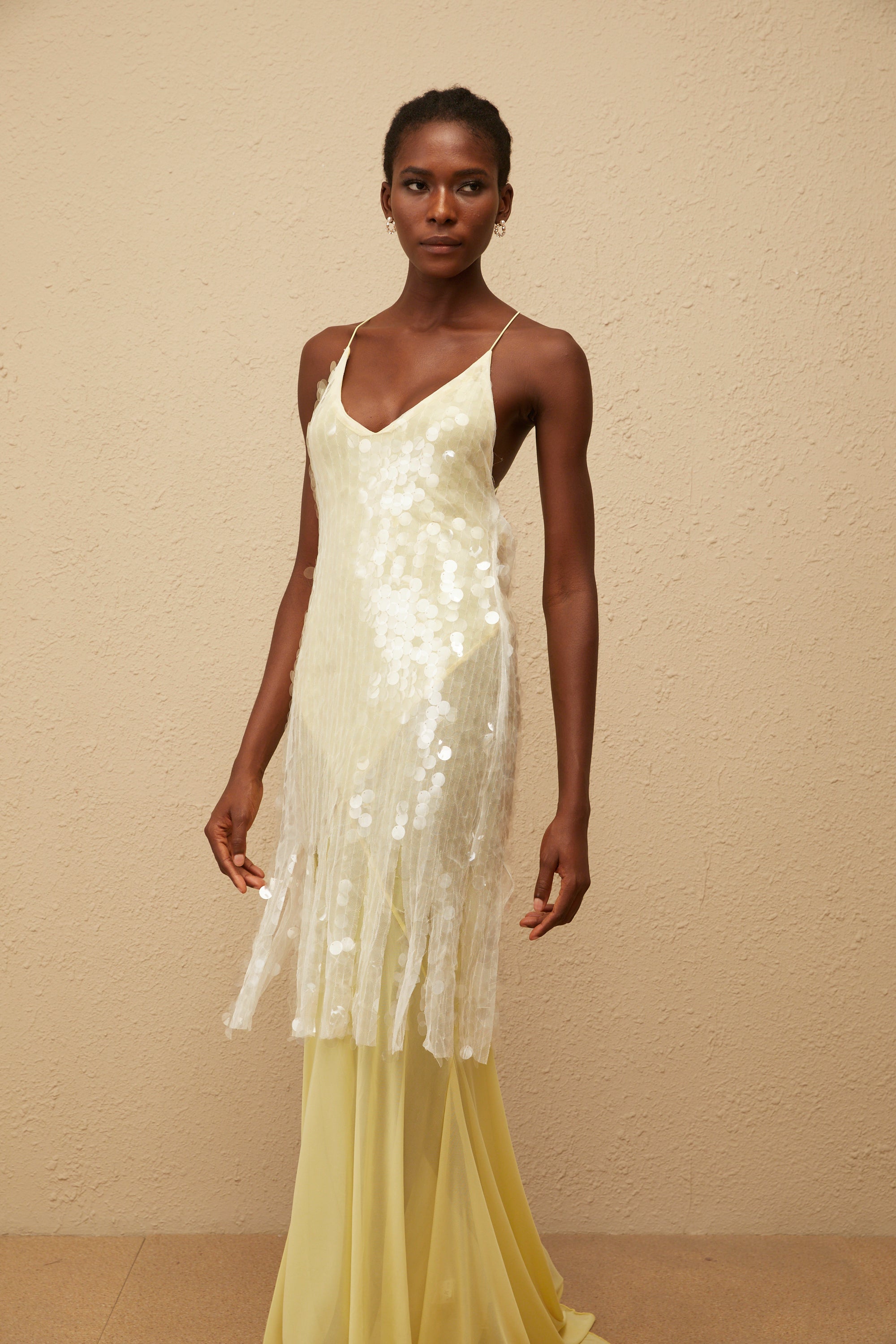 Joyau Yellow Sequin Mesh Maxi Dress