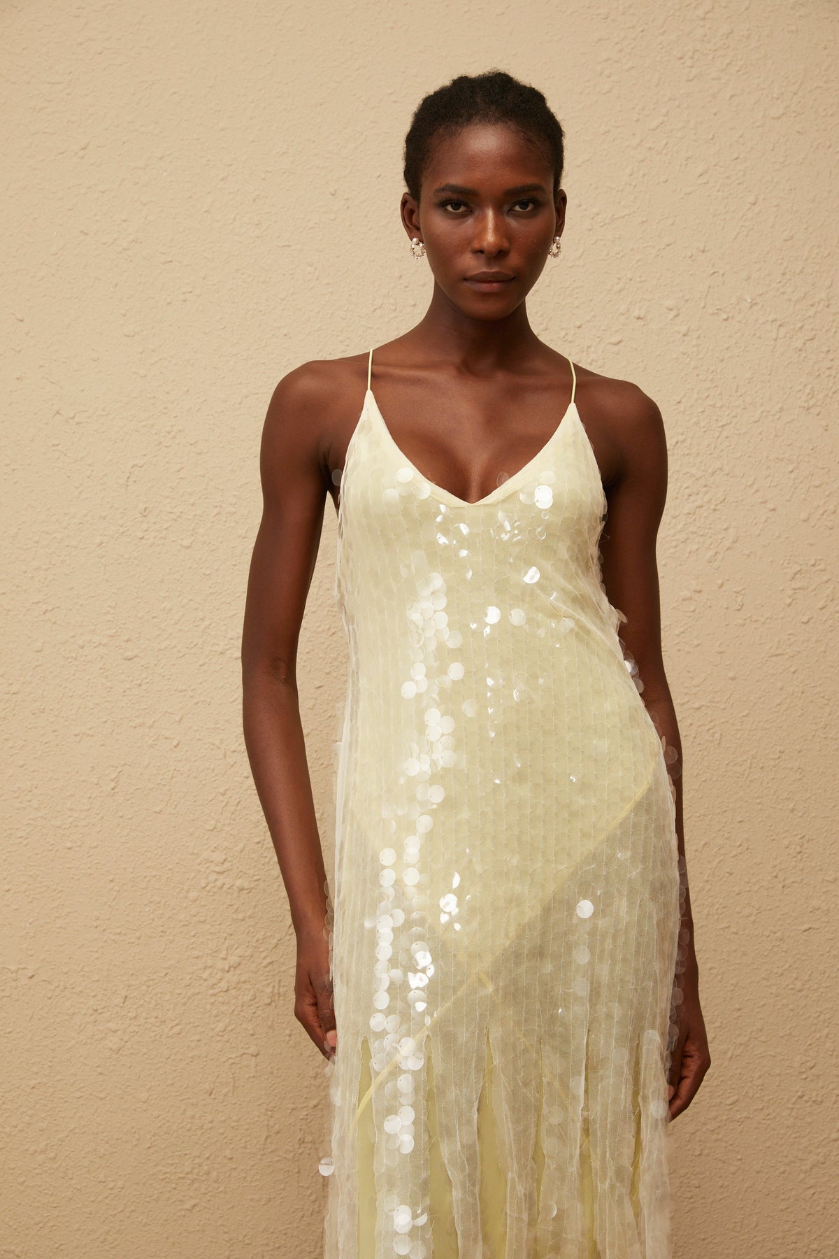 Joyau Yellow Sequin Mesh Maxi Dress