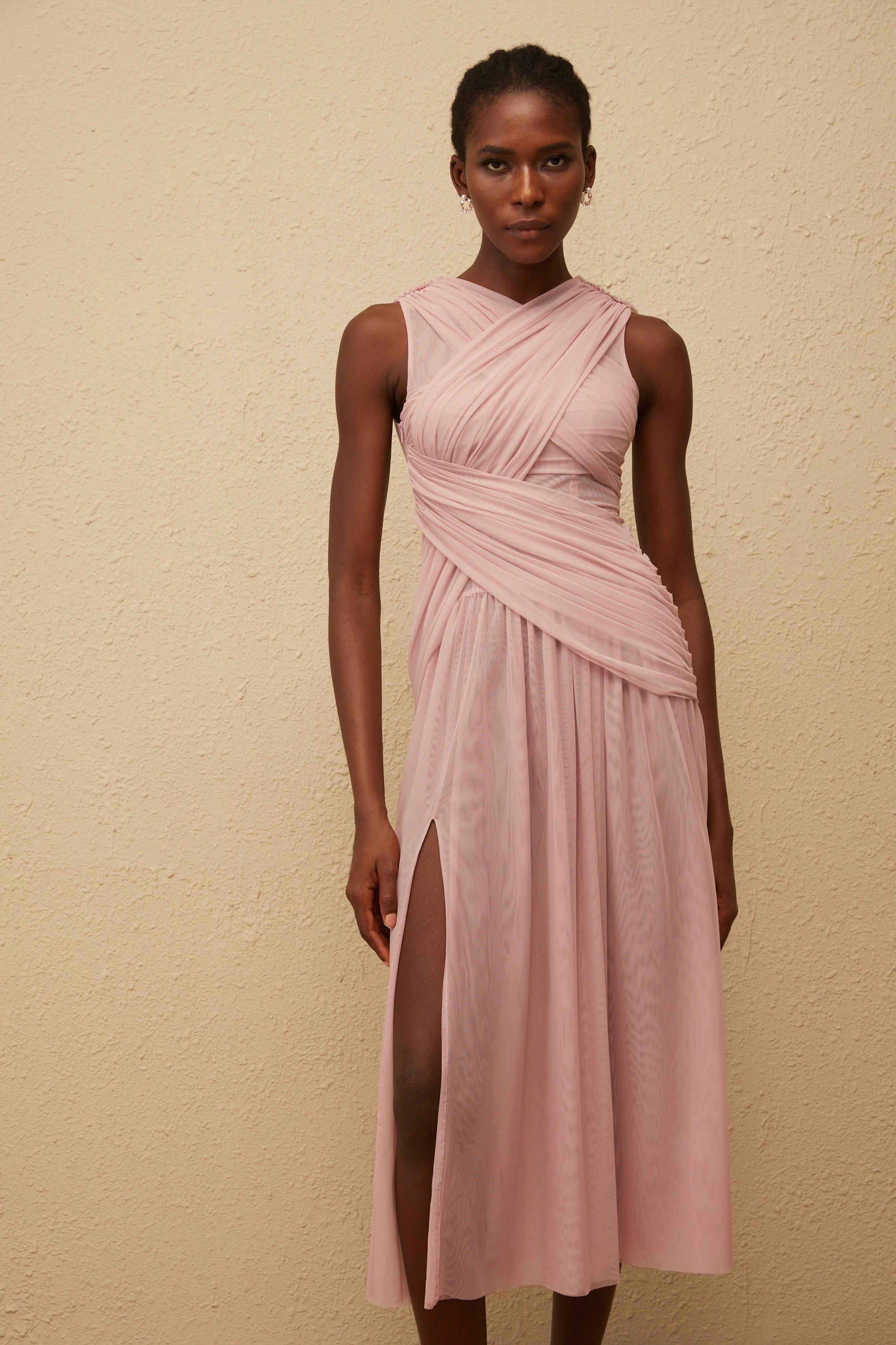 Sérénité Lilac Cross-Over Mesh Midi Dress
