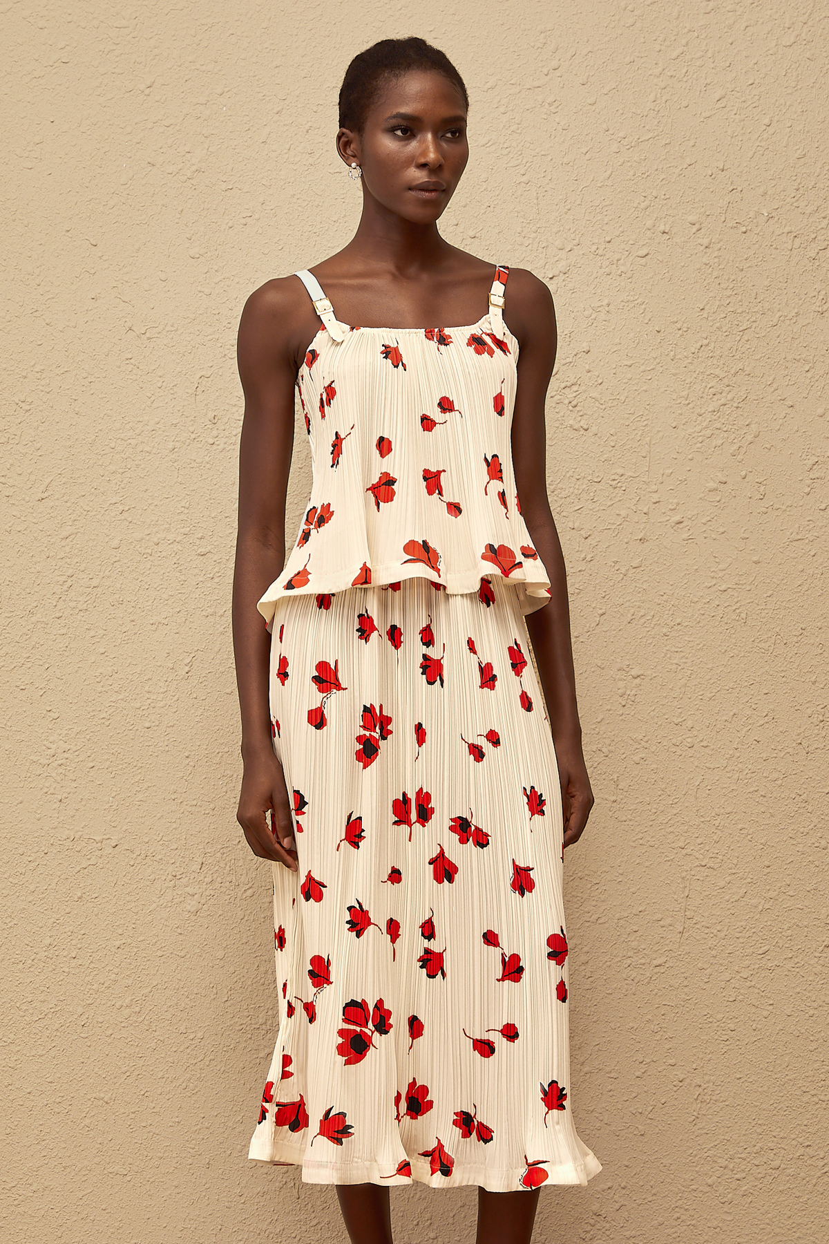 Cerise White Pleated Floral Print Top & Skirt Set
