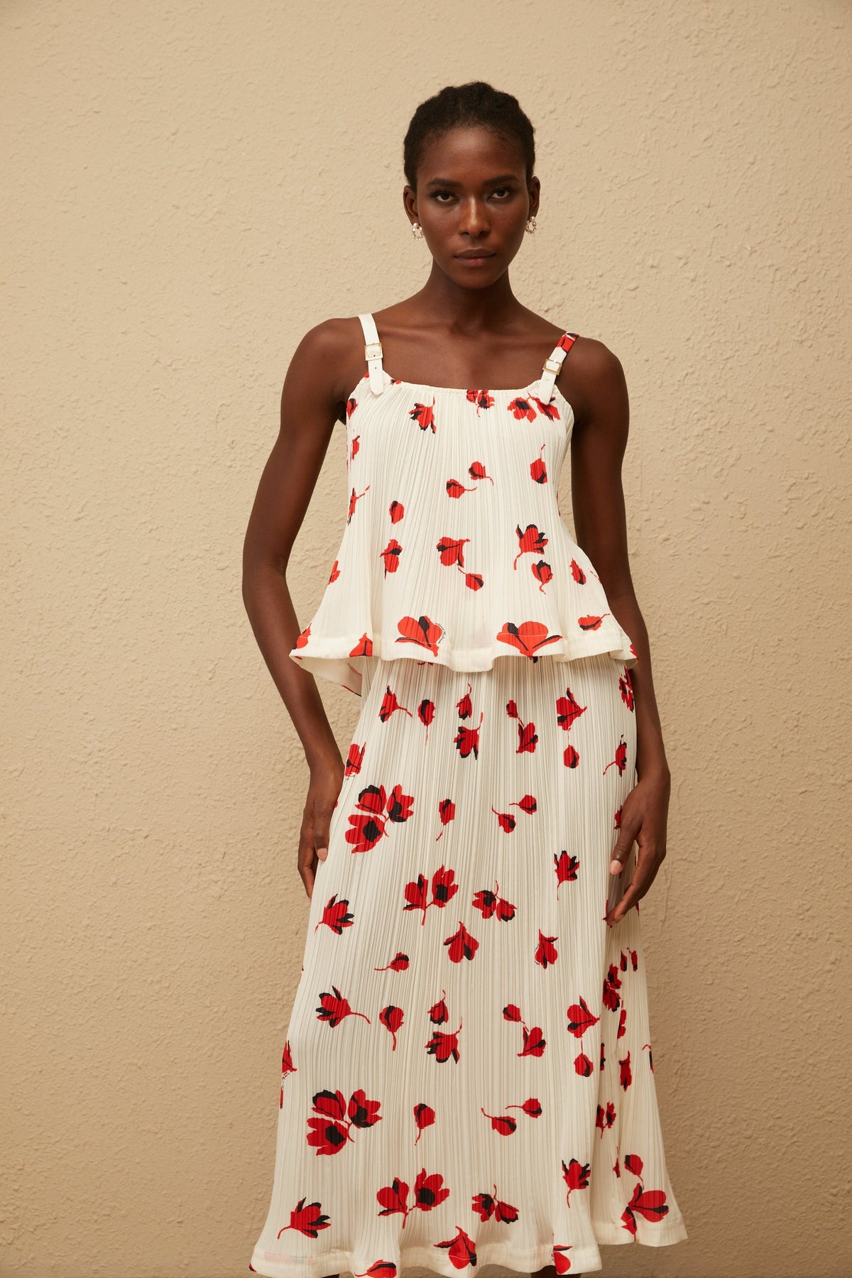 Cerise White Pleated Floral Print Top & Skirt Set