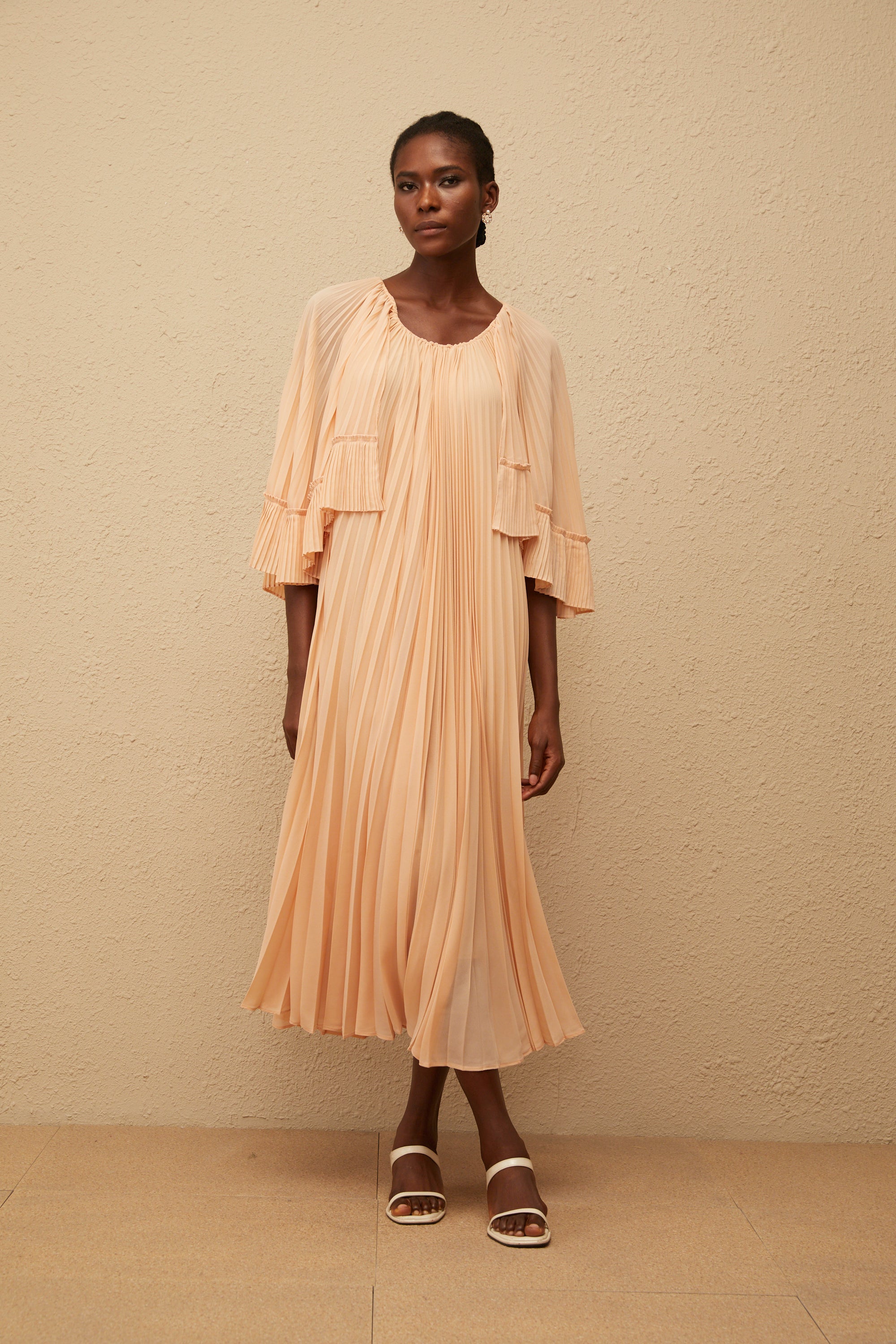 Urbaine Pink Cape Design Pleated Chiffon Midi Dress