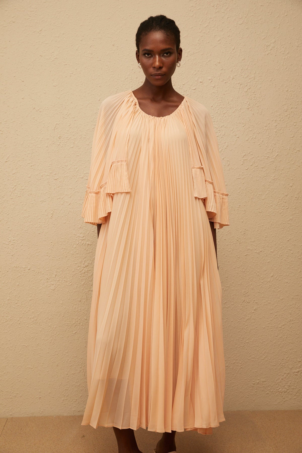 Urbaine Pink Cape Design Pleated Chiffon Midi Dress