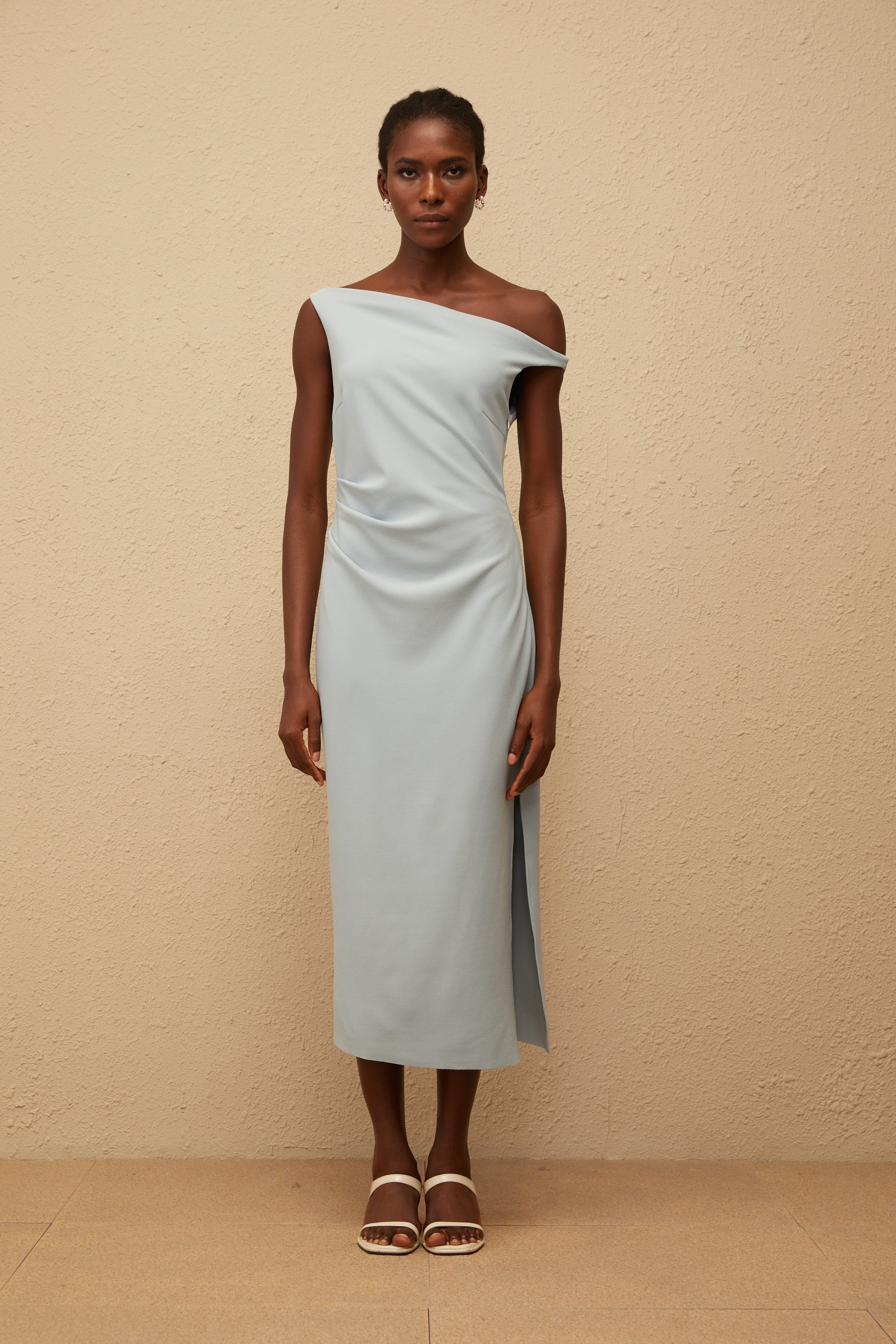 Dagny Blue One Shoulder Gathered Midi Dress (Final Sale)