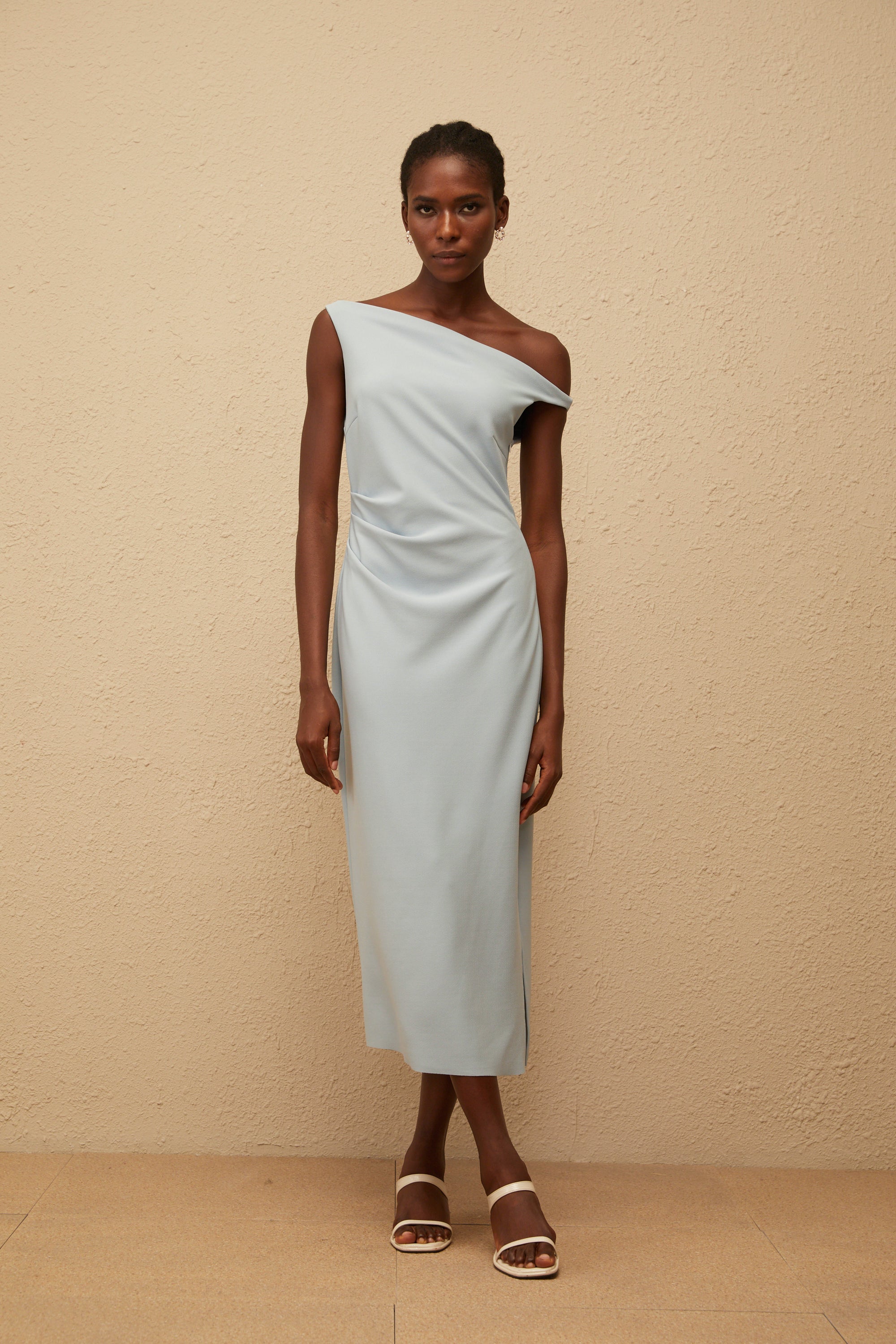 Dagny Blue One Shoulder Gathered Midi Dress (Final Sale)