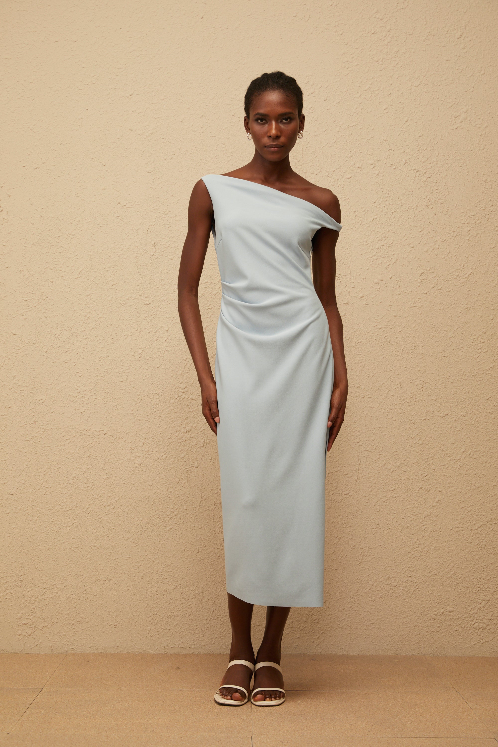 Dagny Blue One Shoulder Gathered Midi Dress (Final Sale)
