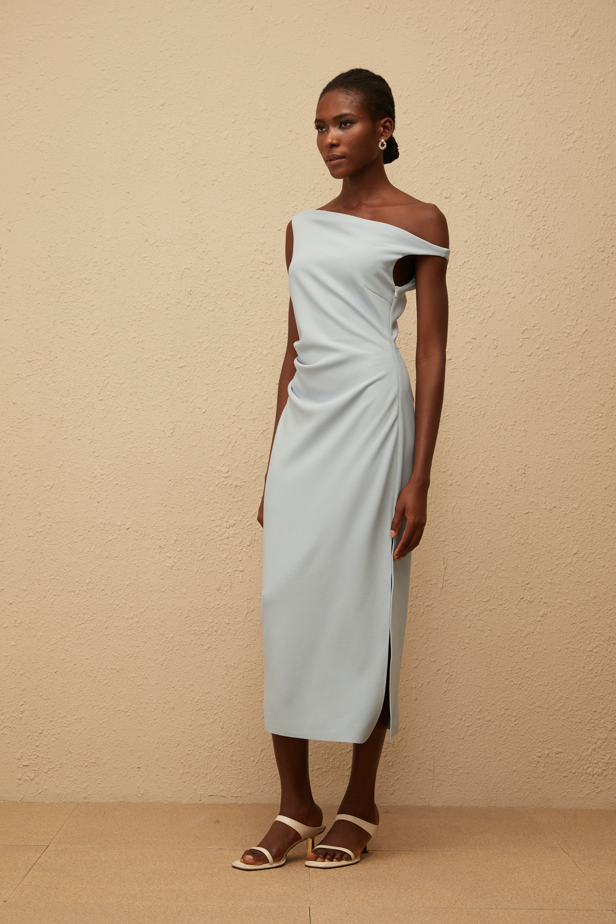 Dagny Blue One Shoulder Gathered Midi Dress (Final Sale)