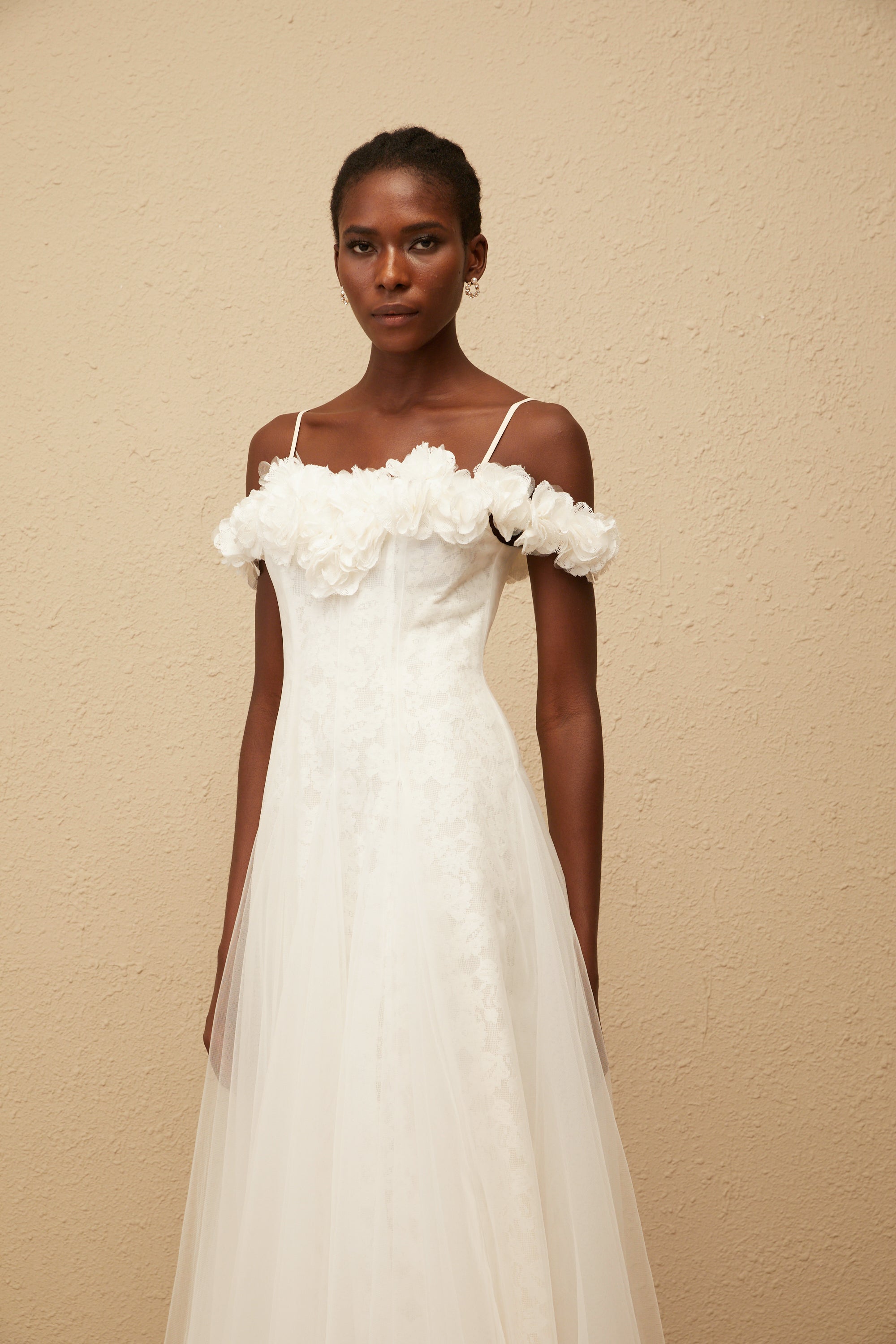 Athena White Floral Appliqué Tulle Maxi Dress