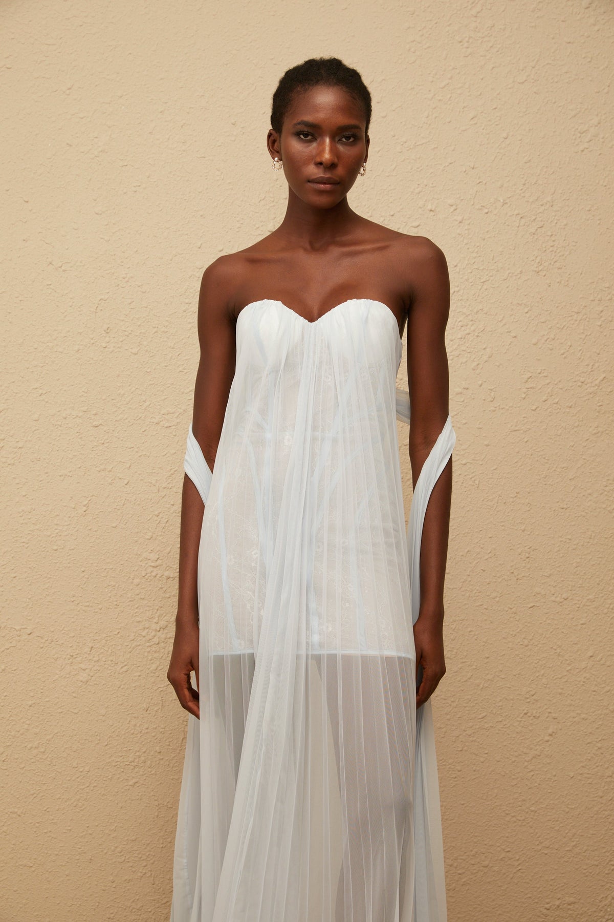 Monique Light Blue Pleated Mesh Maxi Dress (Final Sale)
