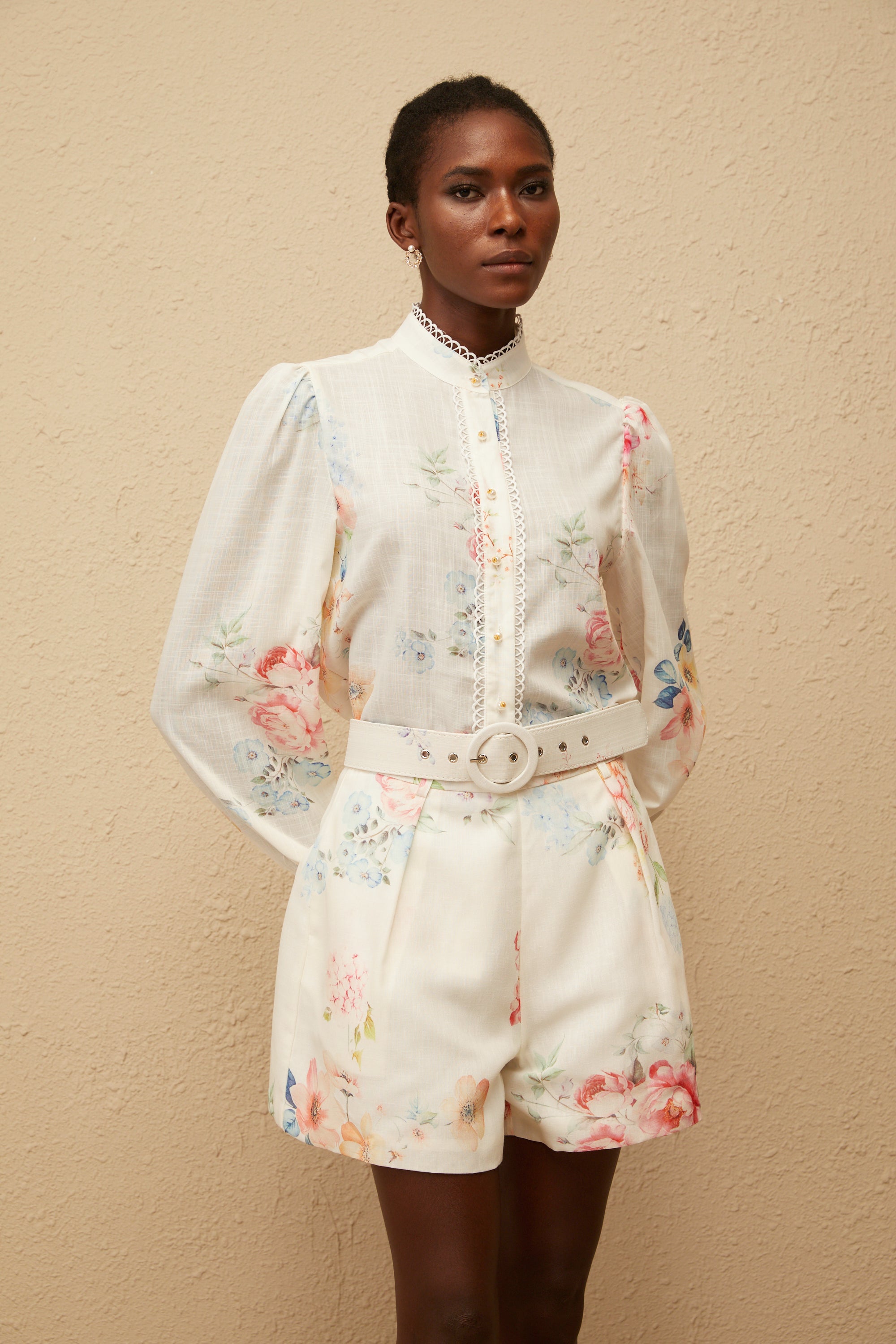 Ambre White Floral Print Shirt & Shorts Set