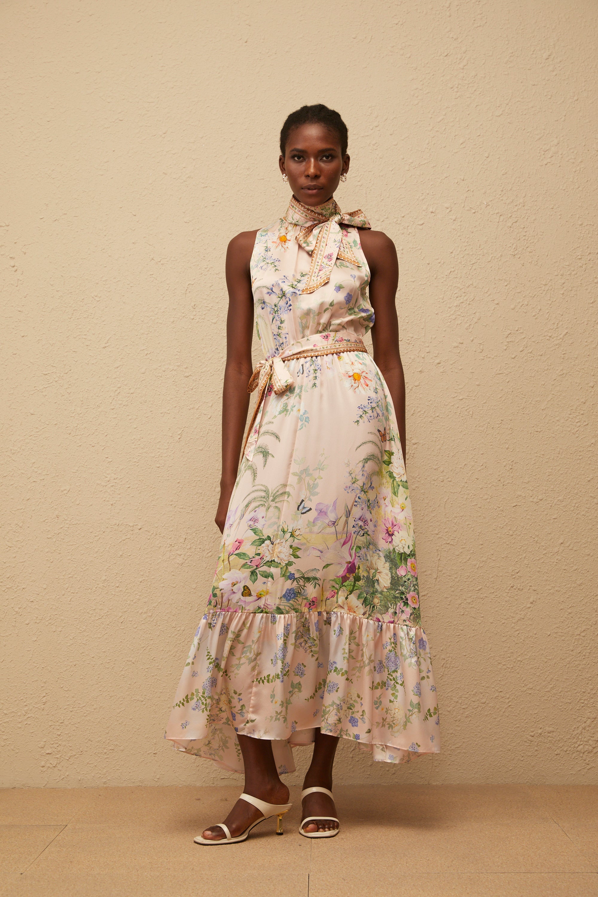 Madeleine Neutral Floral Print Satin Maxi Dress (Final Sale)