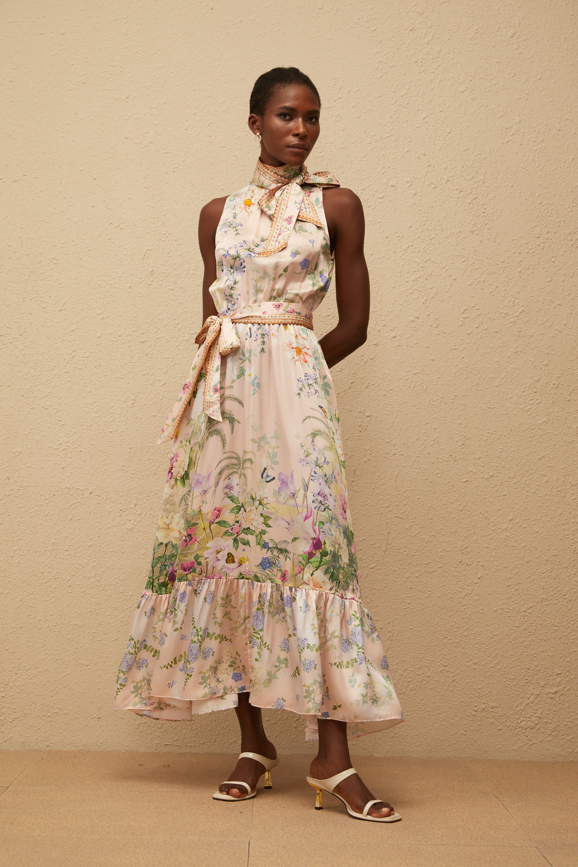 Madeleine Neutral Floral Print Satin Maxi Dress (Final Sale)