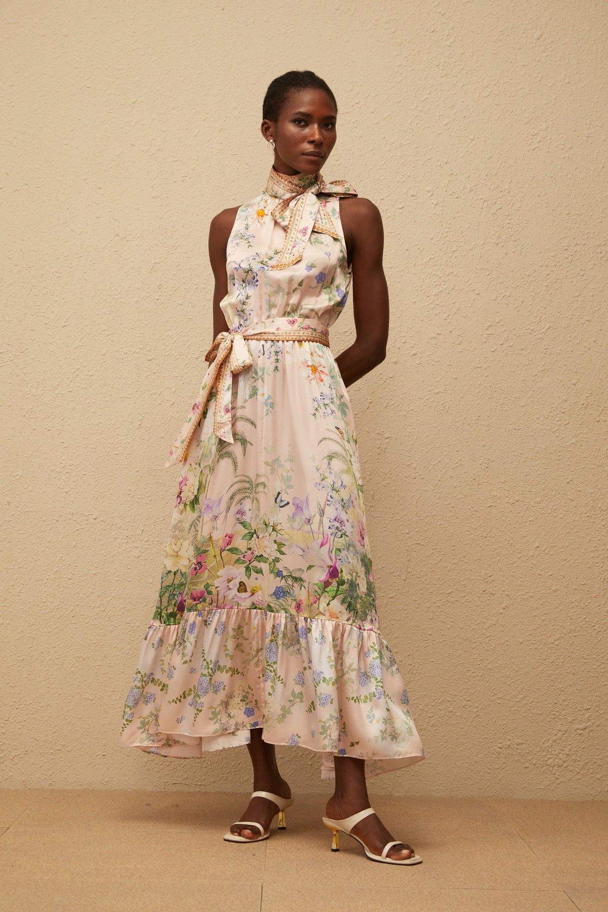 Madeleine Neutral Floral Print Satin Maxi Dress (Final Sale-US Only)