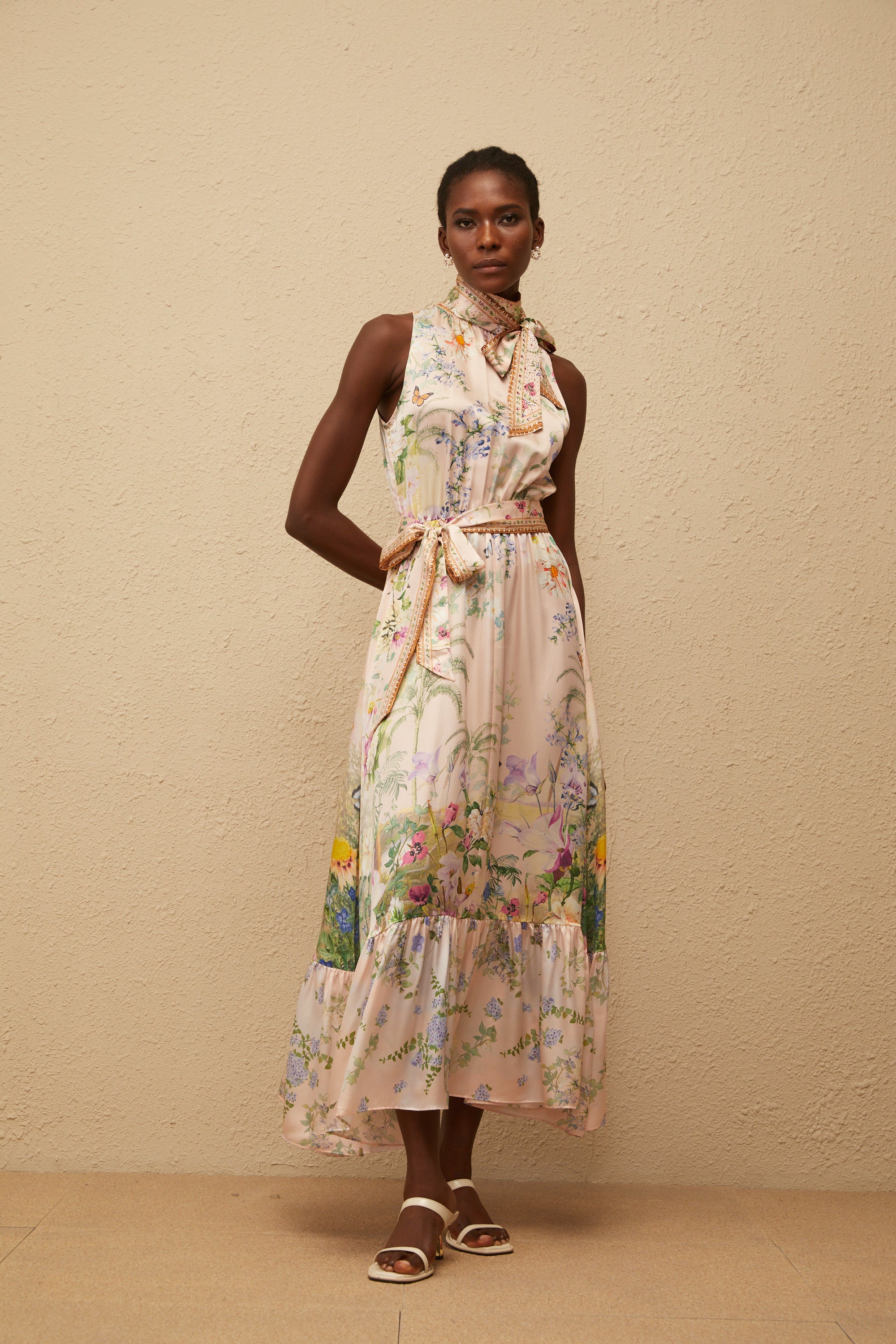 Madeleine Neutral Floral Print Satin Maxi Dress