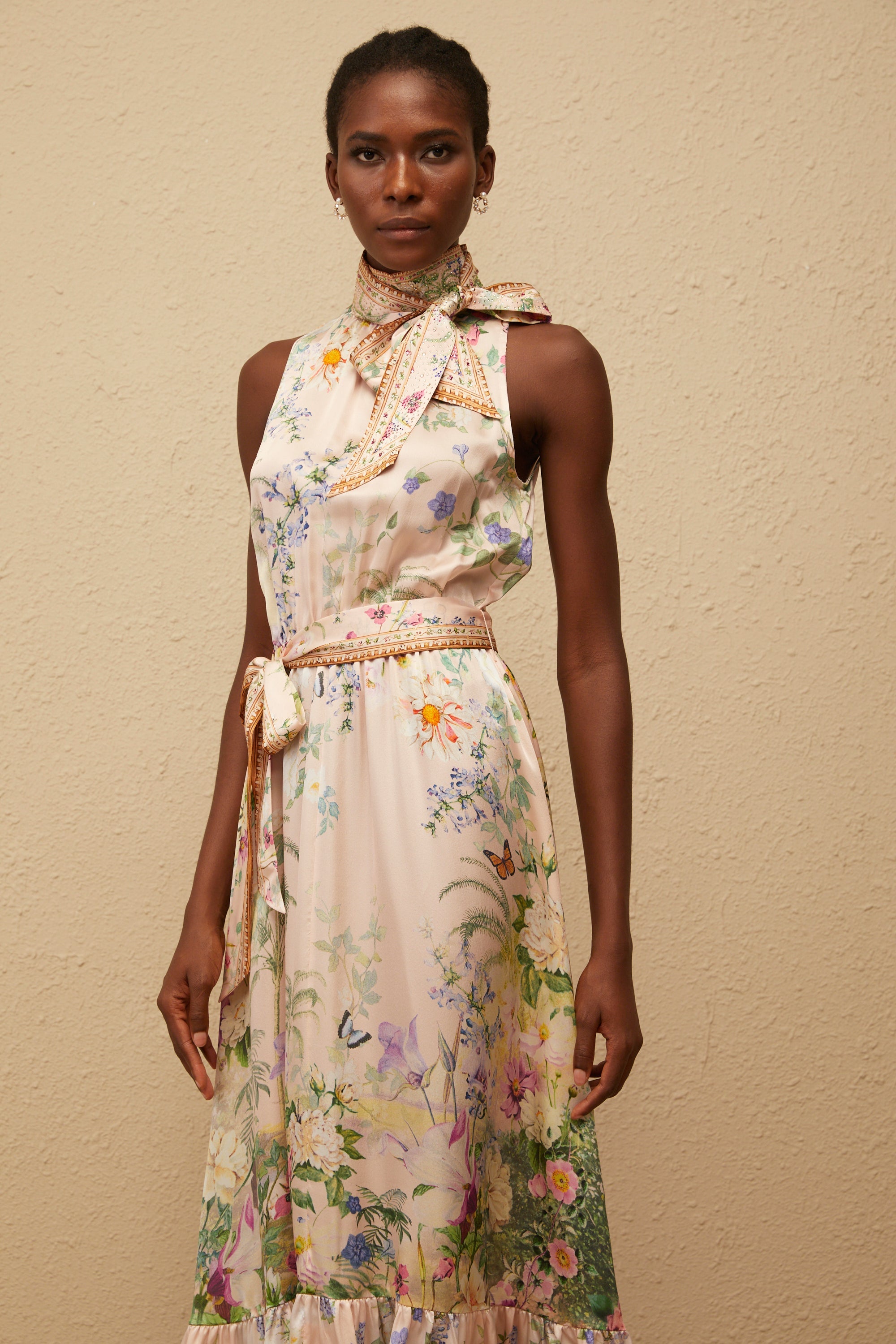 Madeleine Neutral Floral Print Satin Maxi Dress (Final Sale)