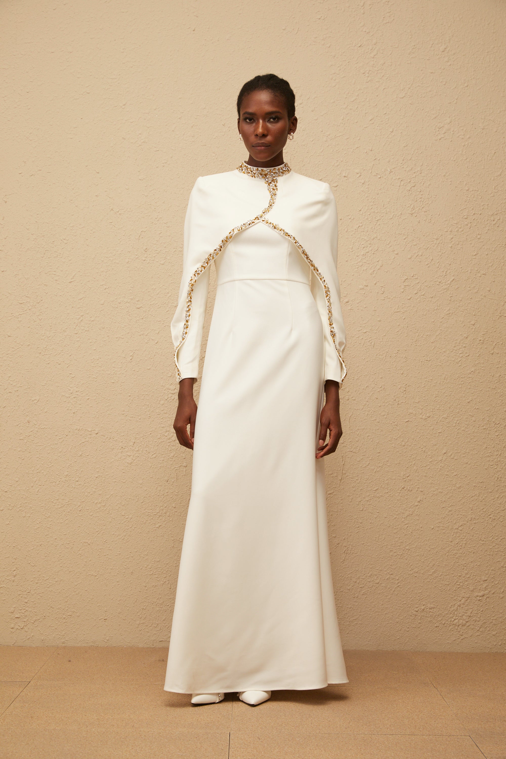 Lune White Embellished Shawl Design Gown
