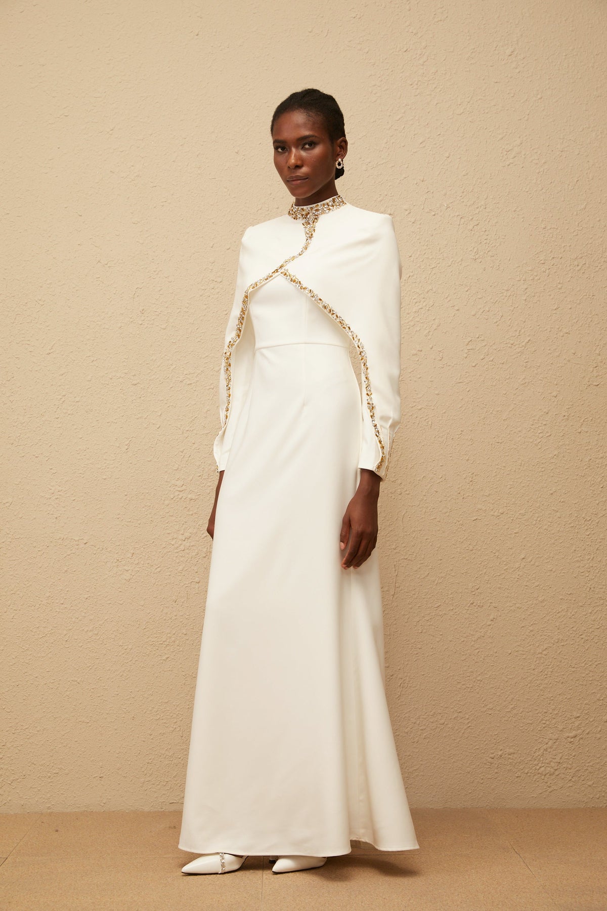 Lune White Embellished Shawl Design Gown (Final Sale)