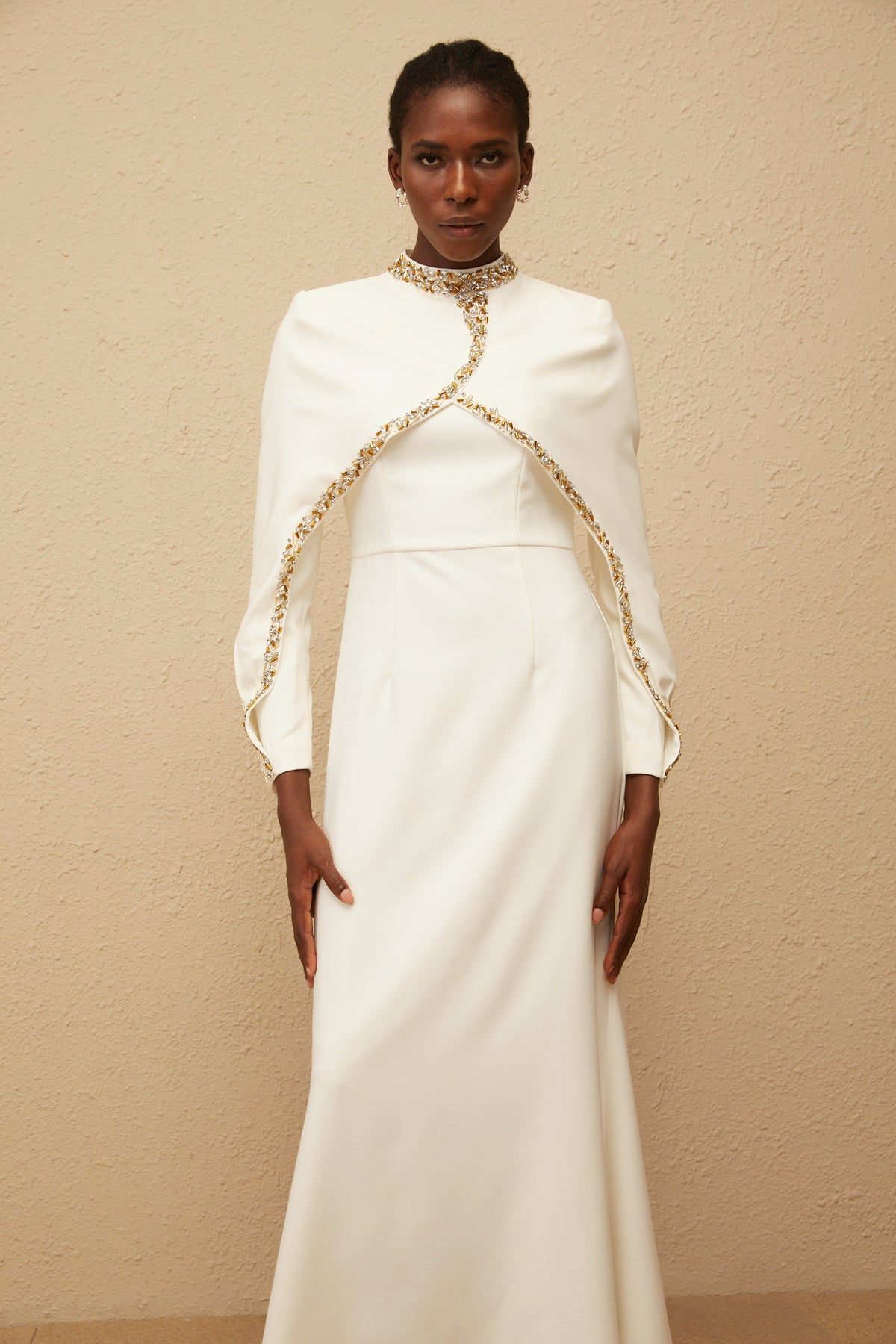 Lune White Embellished Shawl Design Gown (Final Sale)