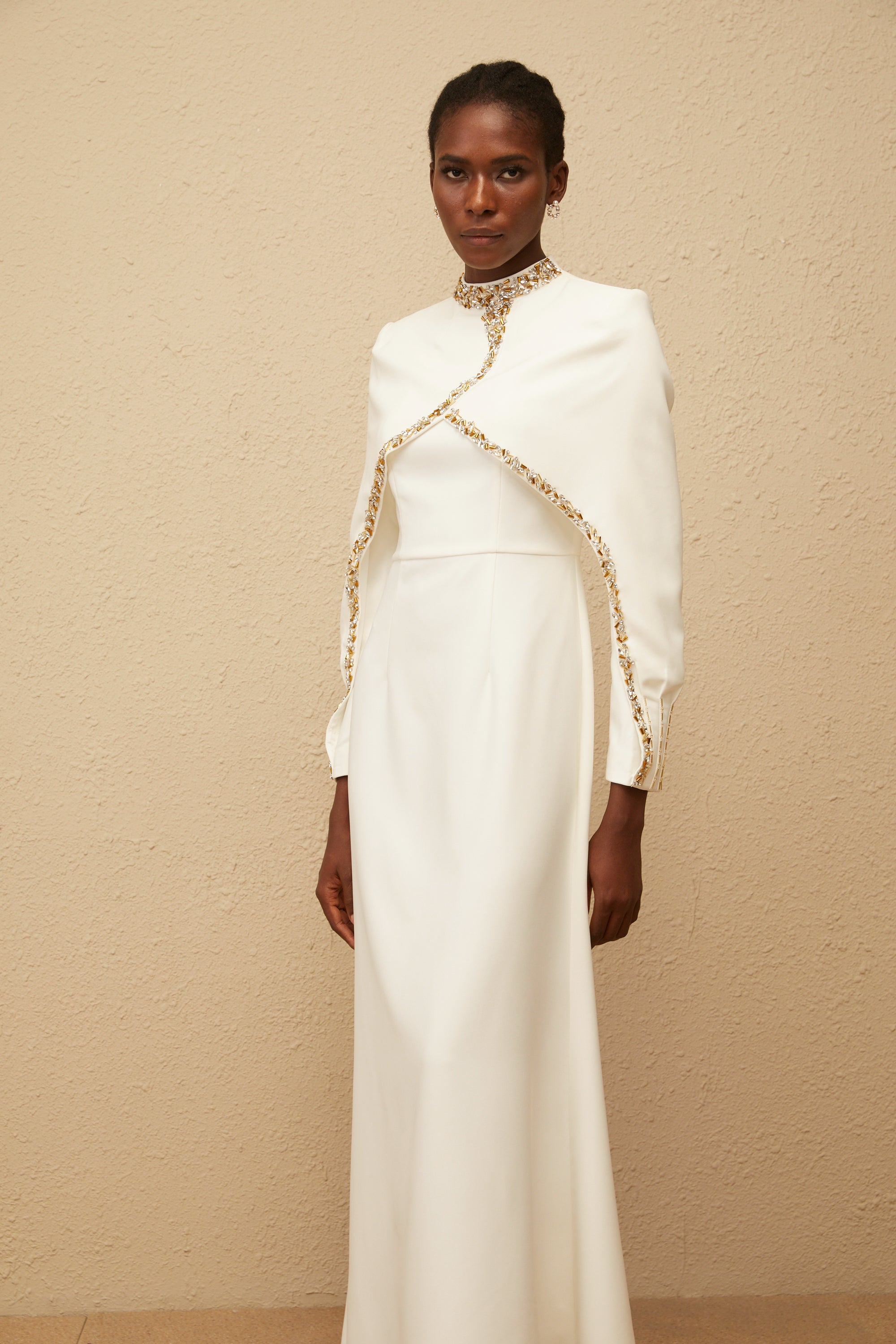 Lune White Embellished Shawl Design Gown