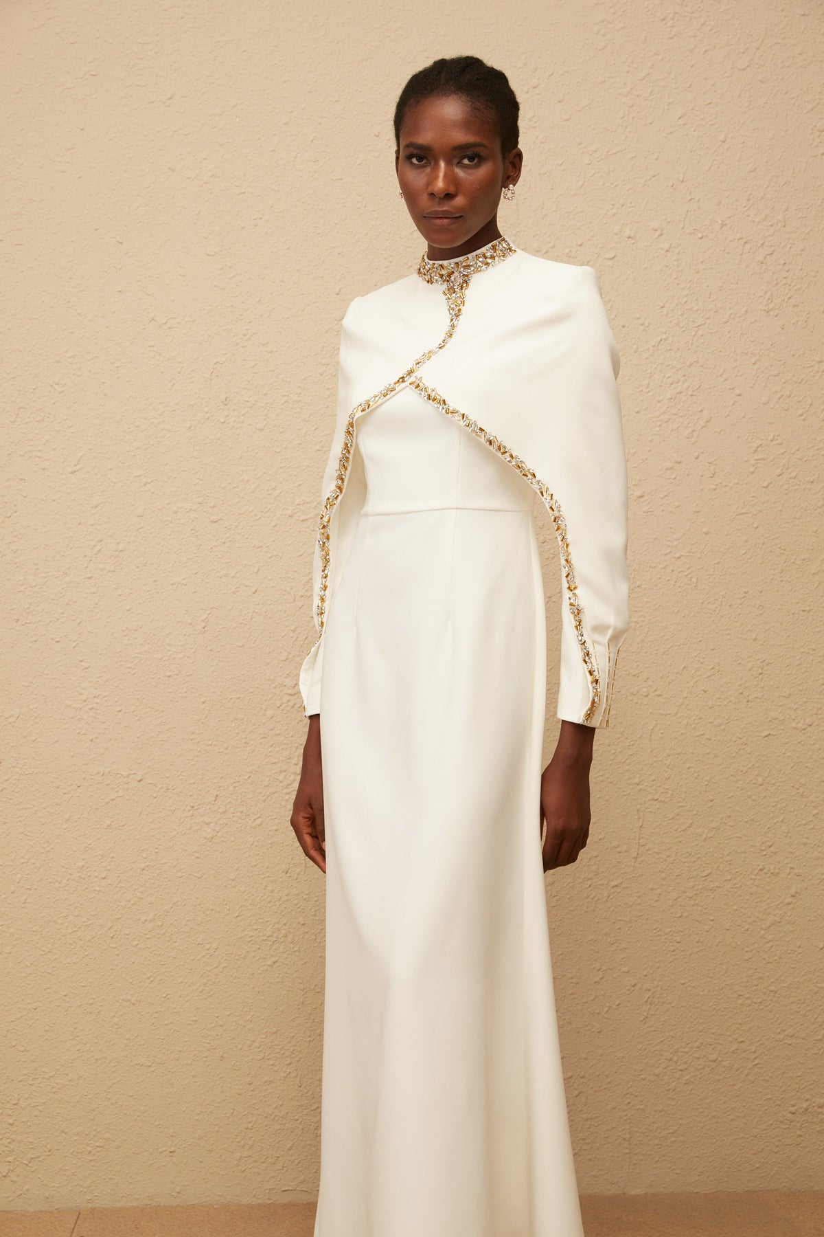 Lune White Embellished Shawl Design Gown (Final Sale)