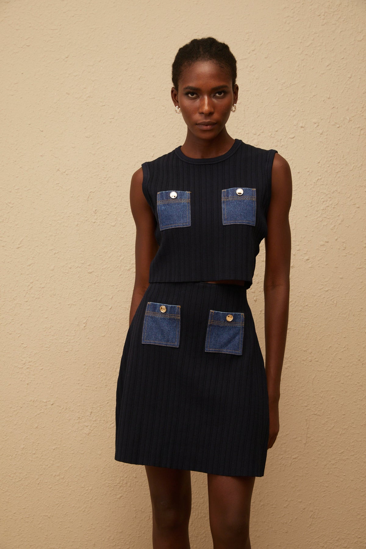 Cleopatra Blue Denim Panel Ribbed Knit Matching Set (Final Sale)
