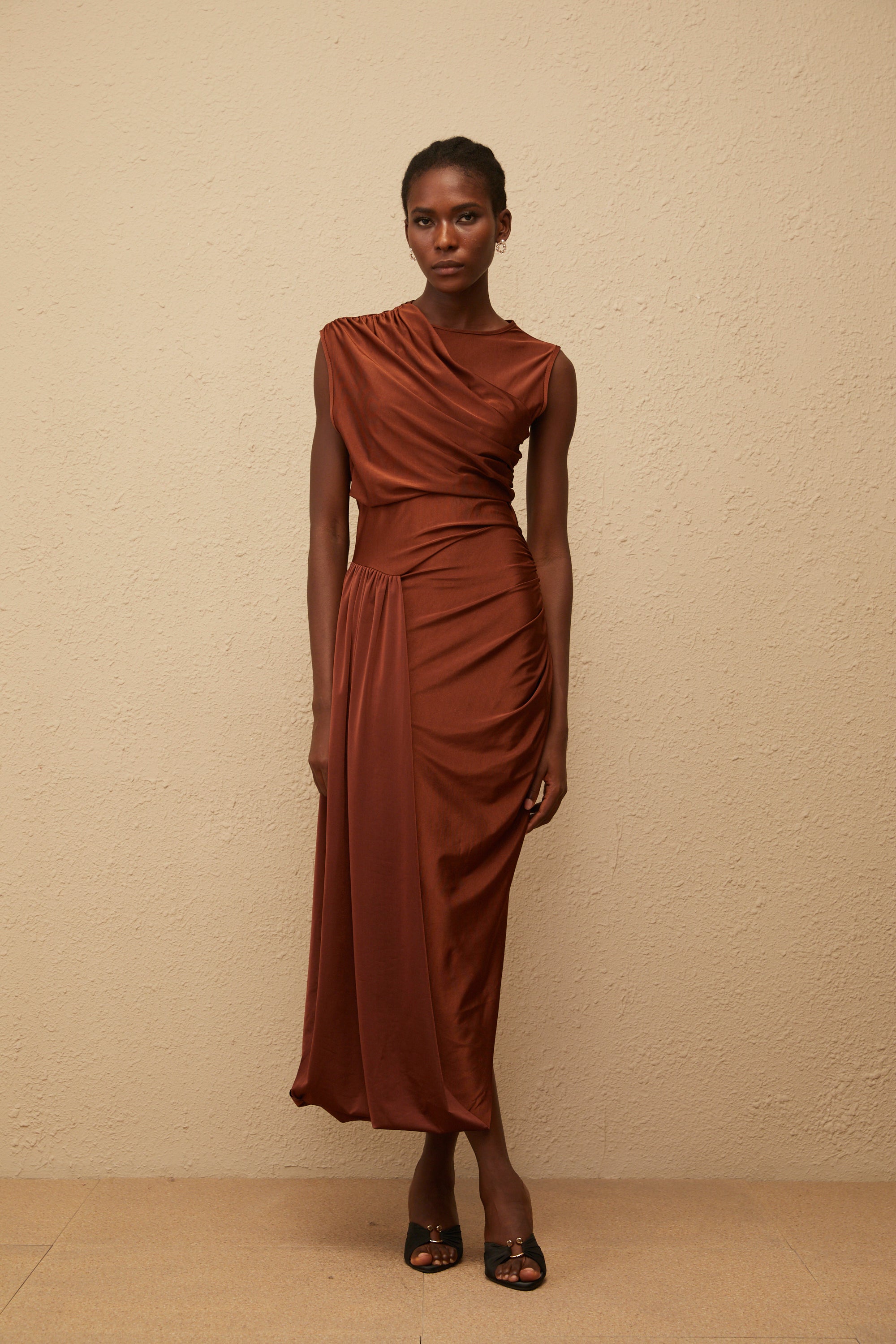 Reine Brown Asymmetrical Ruched Maxi Dress