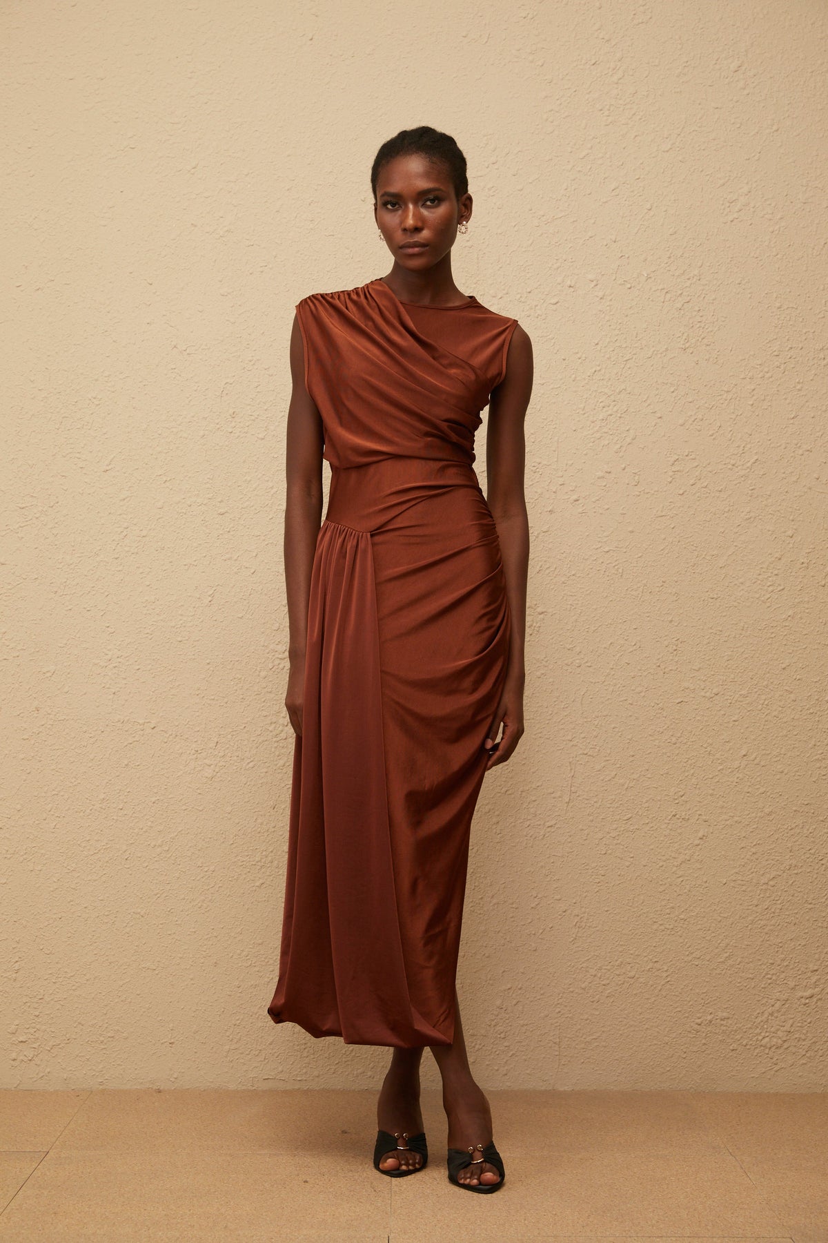Reine Brown Asymmetrical Ruched Maxi Dress (Final Sale-US Only)