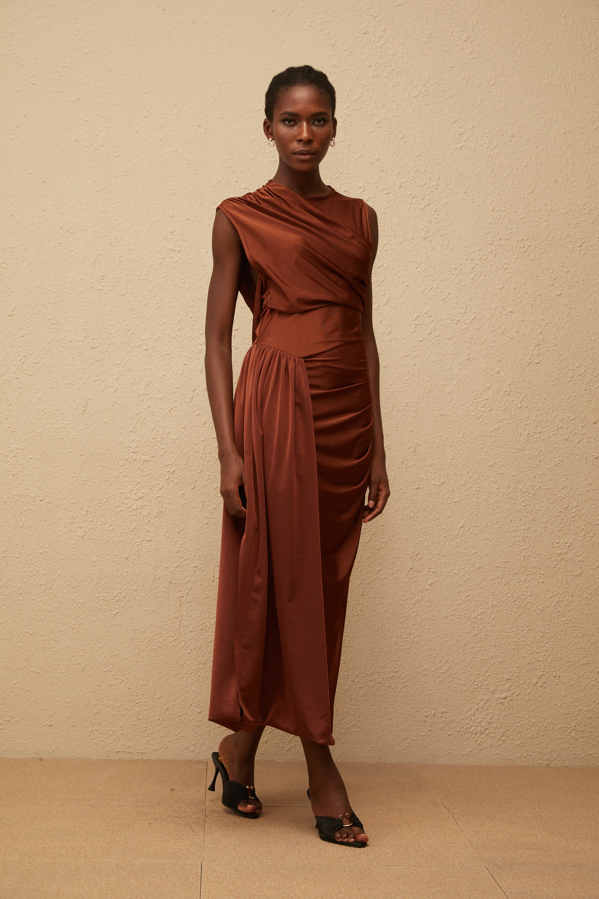 Reine Brown Asymmetrical Ruched Maxi Dress