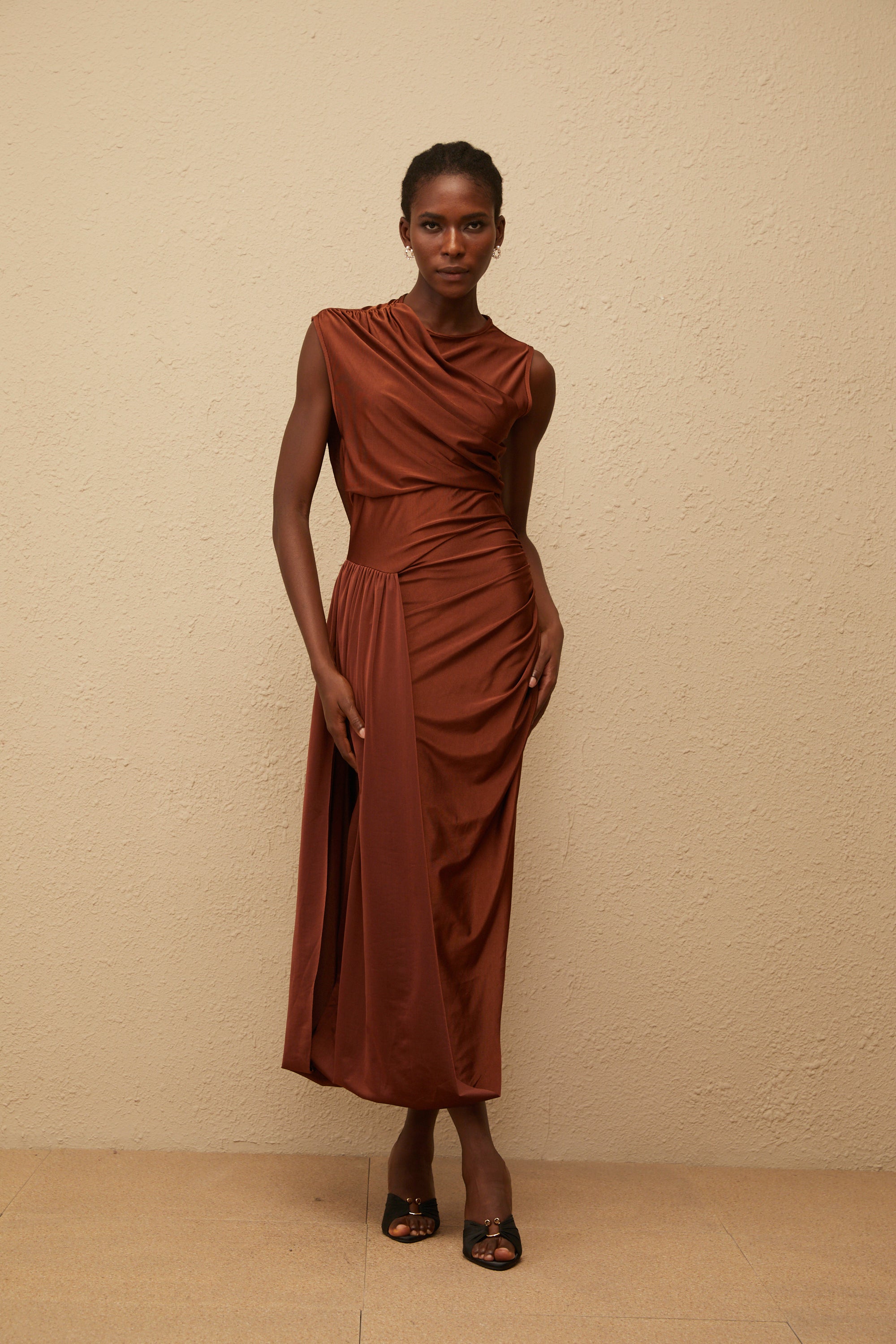 Reine Brown Asymmetrical Ruched Maxi Dress