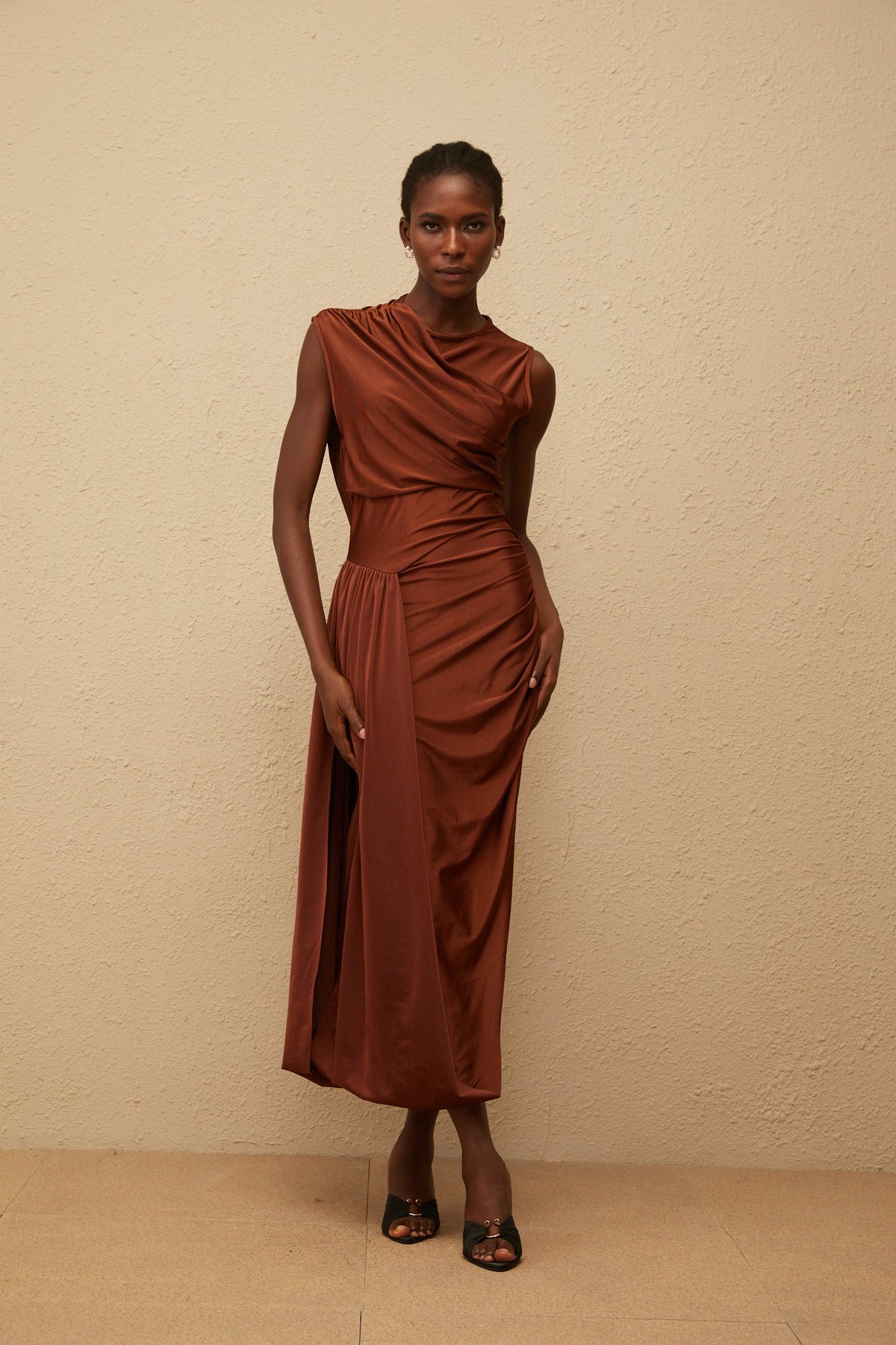 Reine Brown Asymmetrical Ruched Maxi Dress