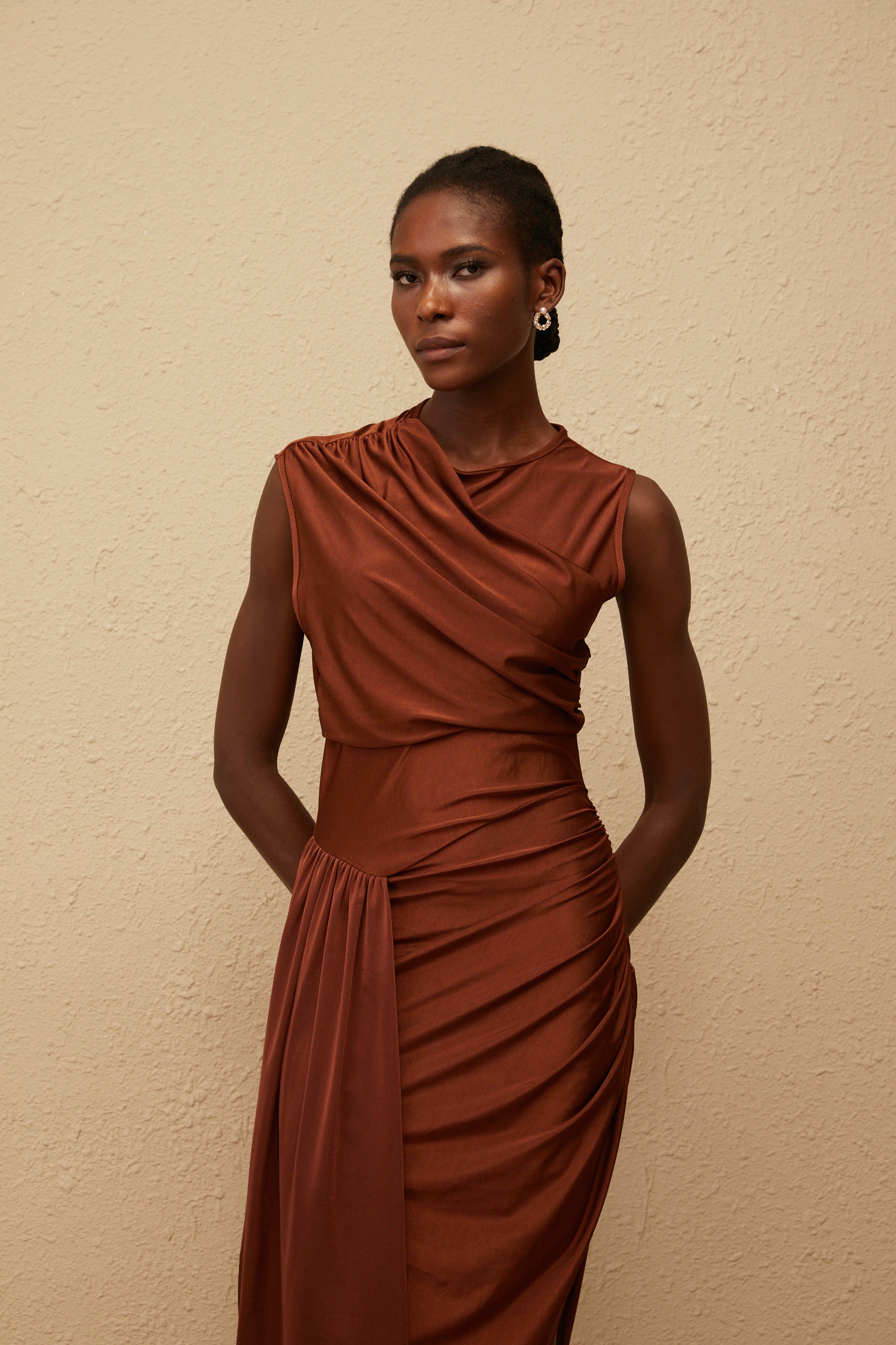 Reine Brown Asymmetrical Ruched Maxi Dress