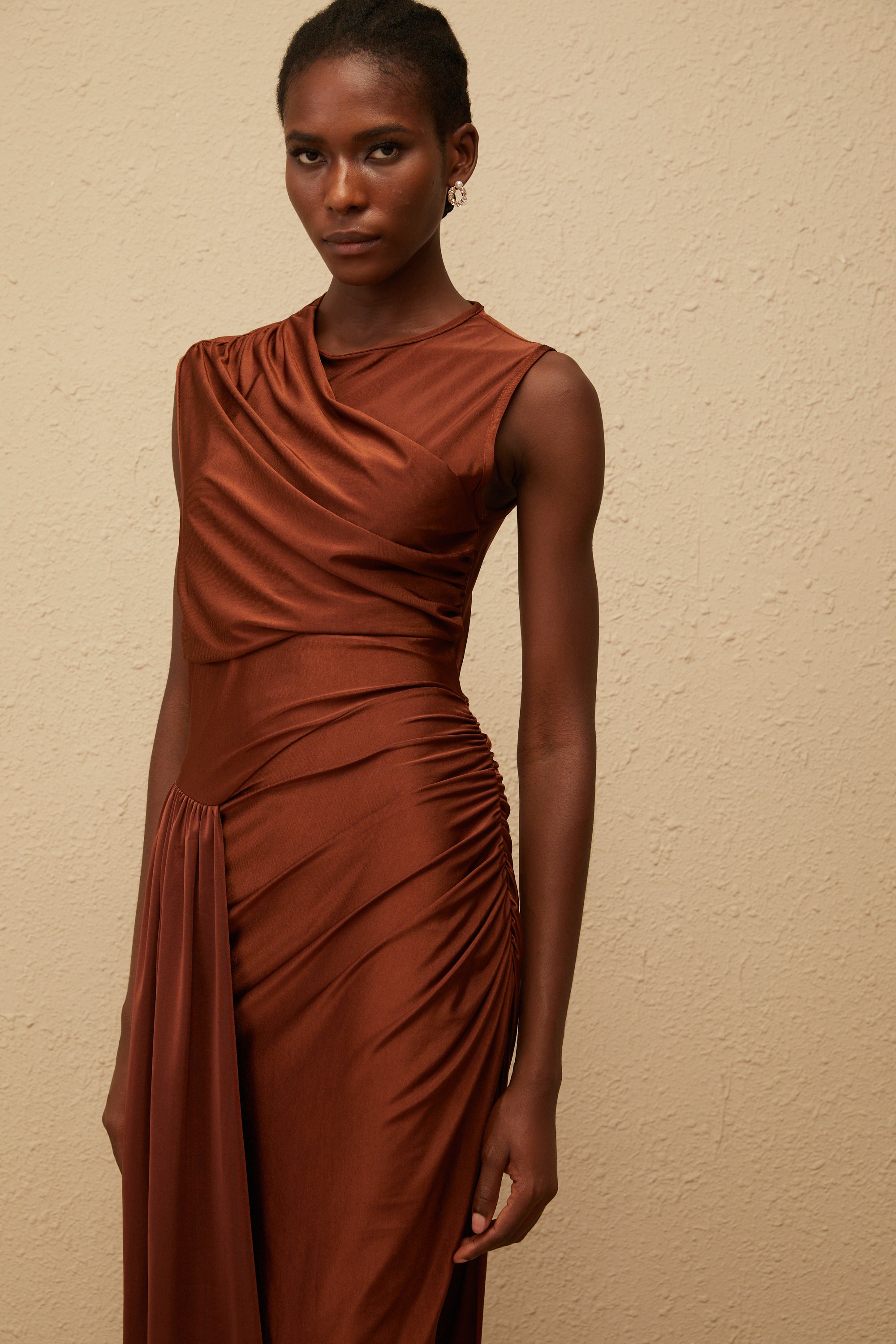 Reine Brown Asymmetrical Ruched Maxi Dress