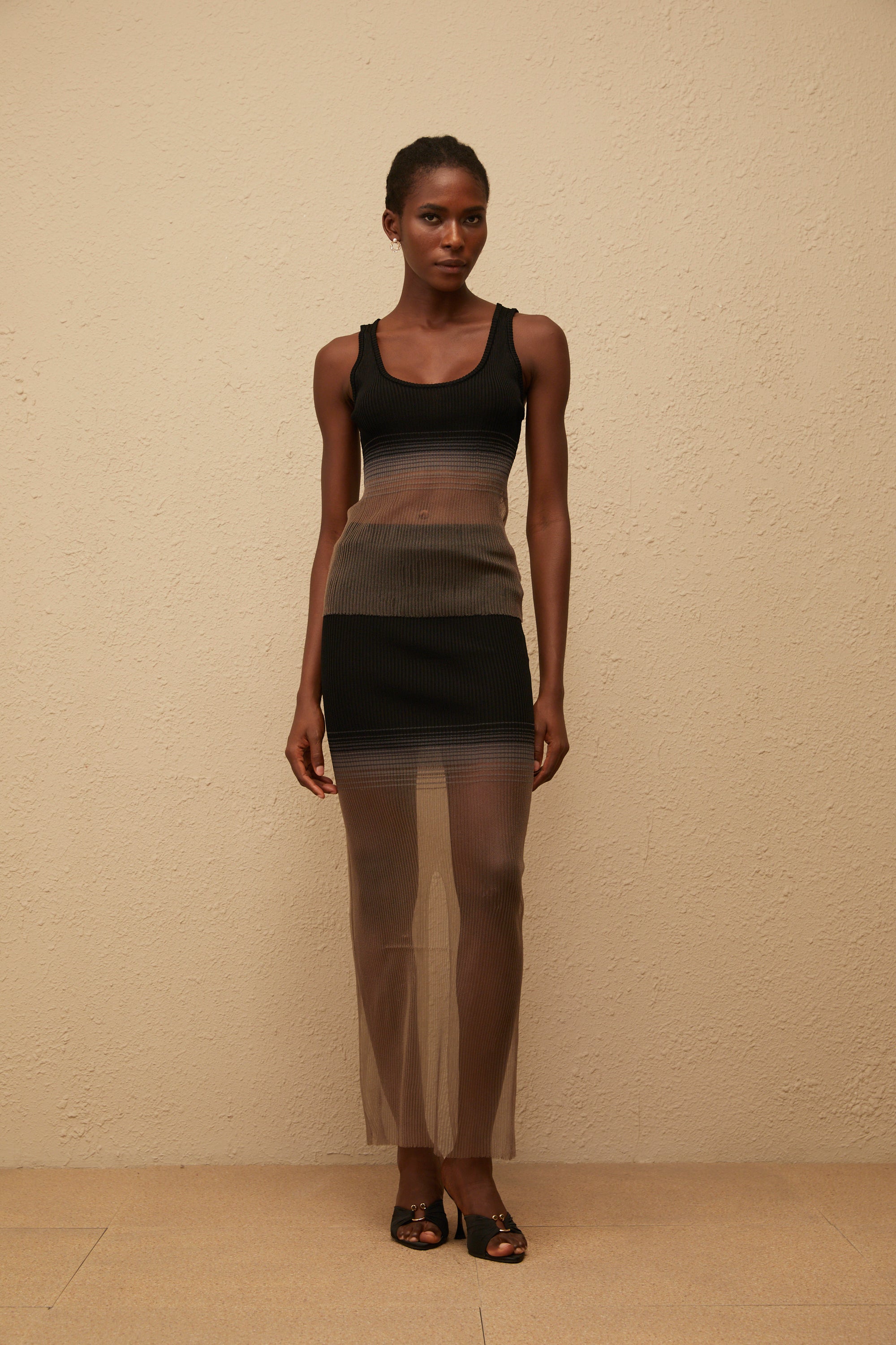 Soie Black Semi Sheer Ribbed Knit Matching Set