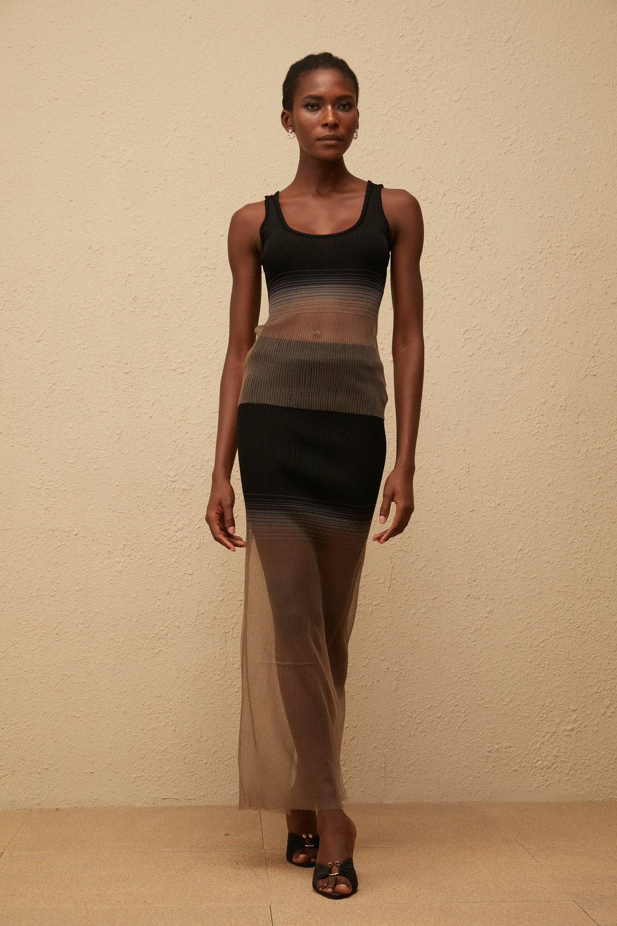 Soie Black Semi Sheer Ribbed Knit Matching Set