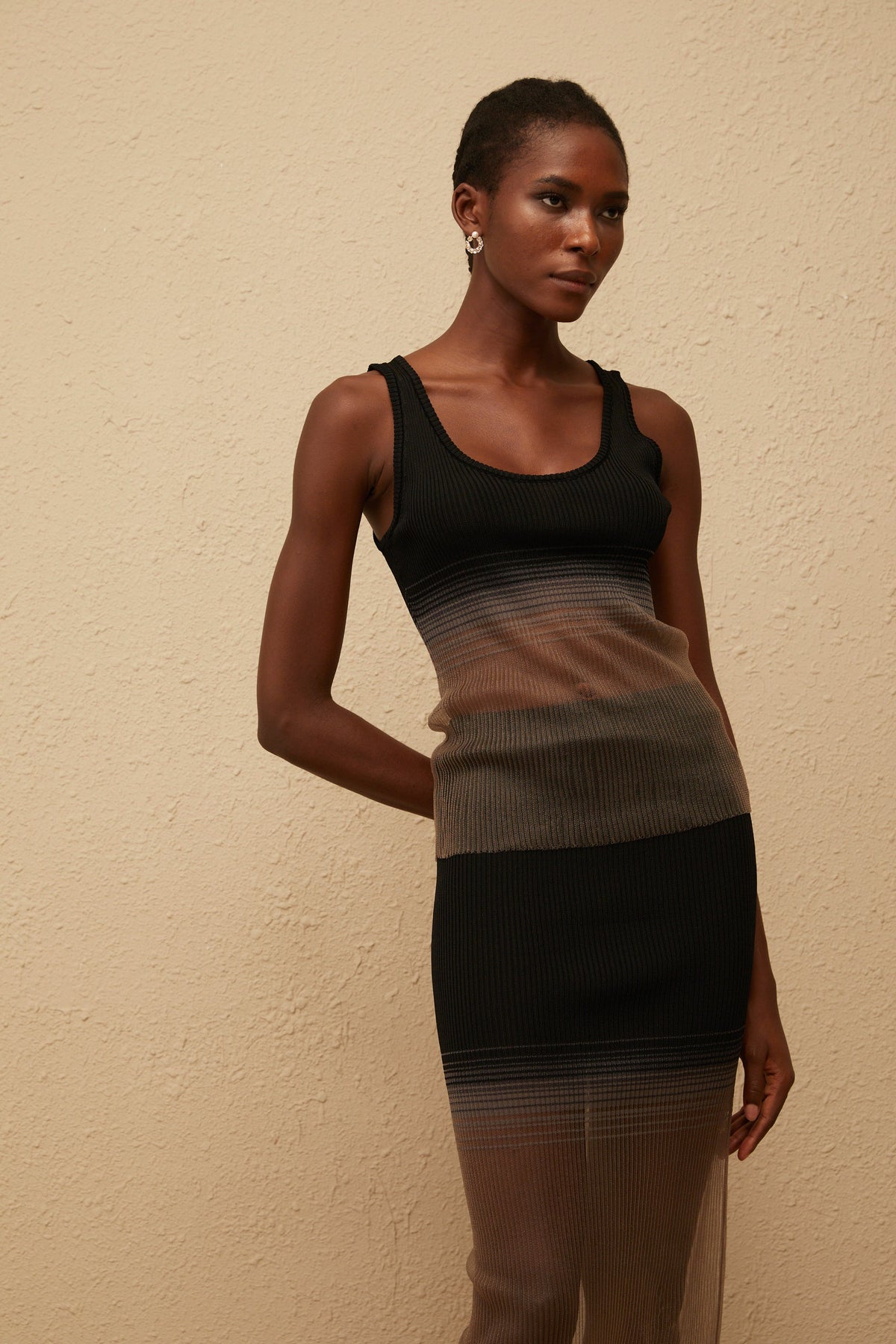 Soie Black Semi Sheer Ribbed Knit Matching Set