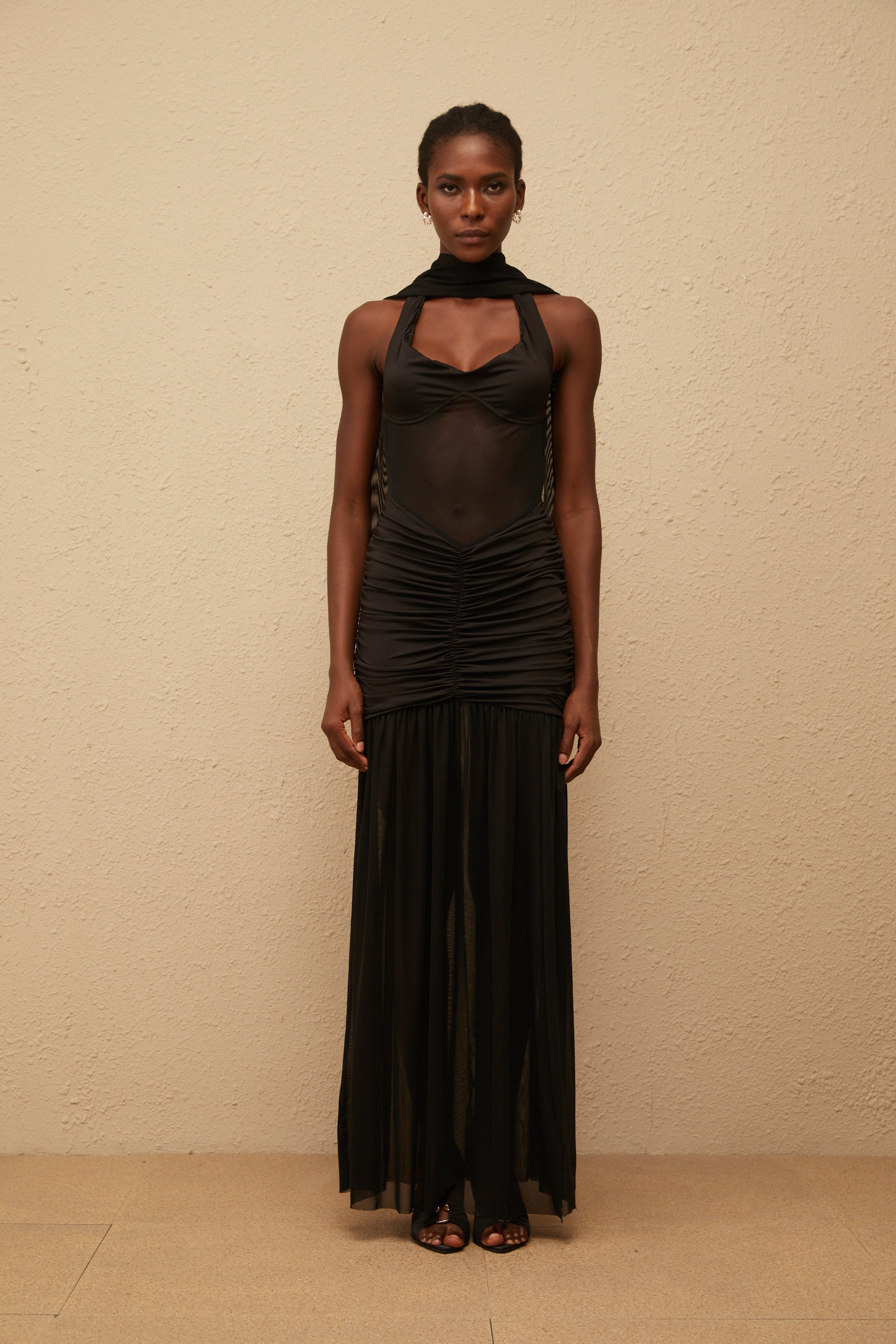 Léana Black Mesh Panel Ruched Maxi Dress