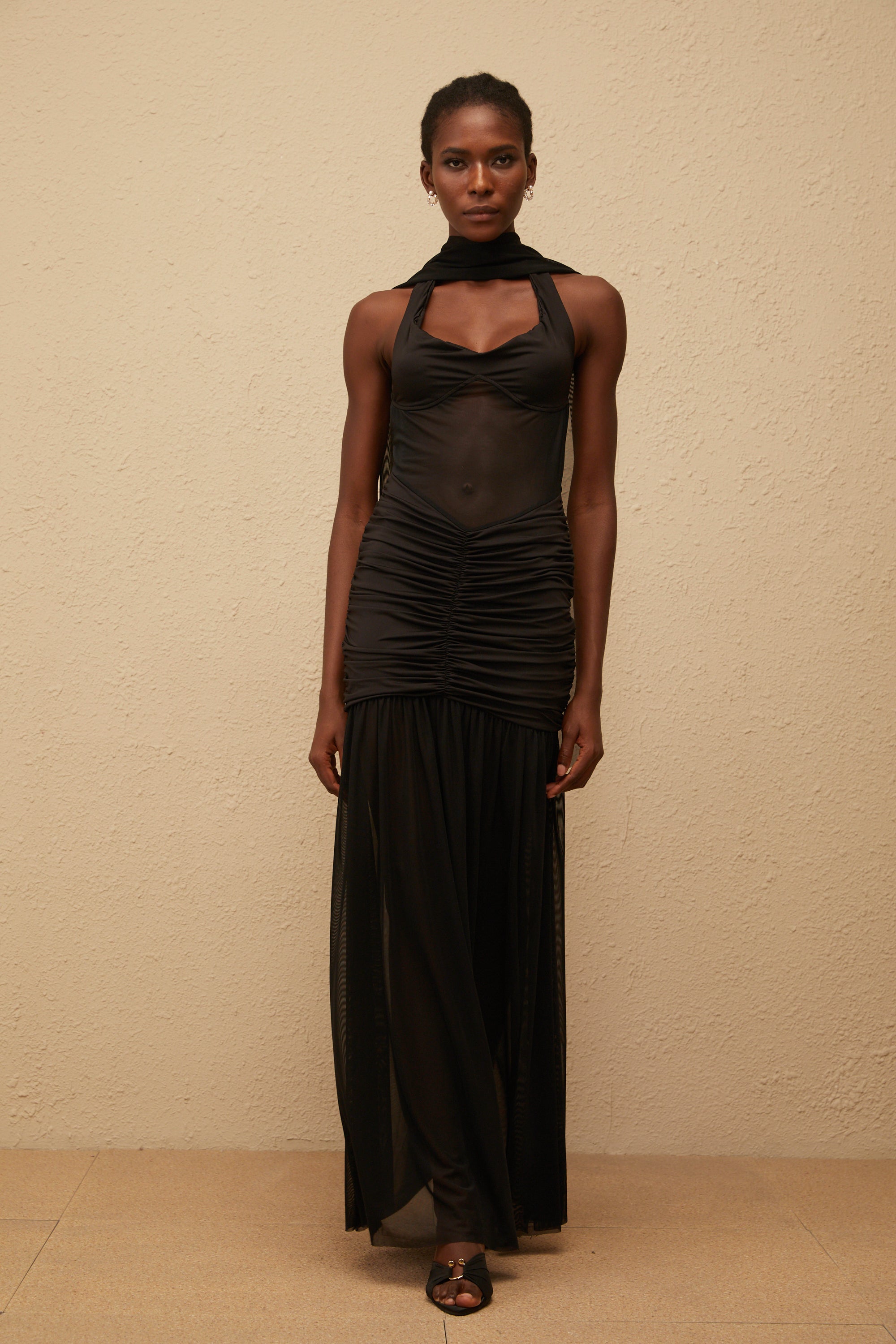 Léana Black Mesh Panel Ruched Maxi Dress