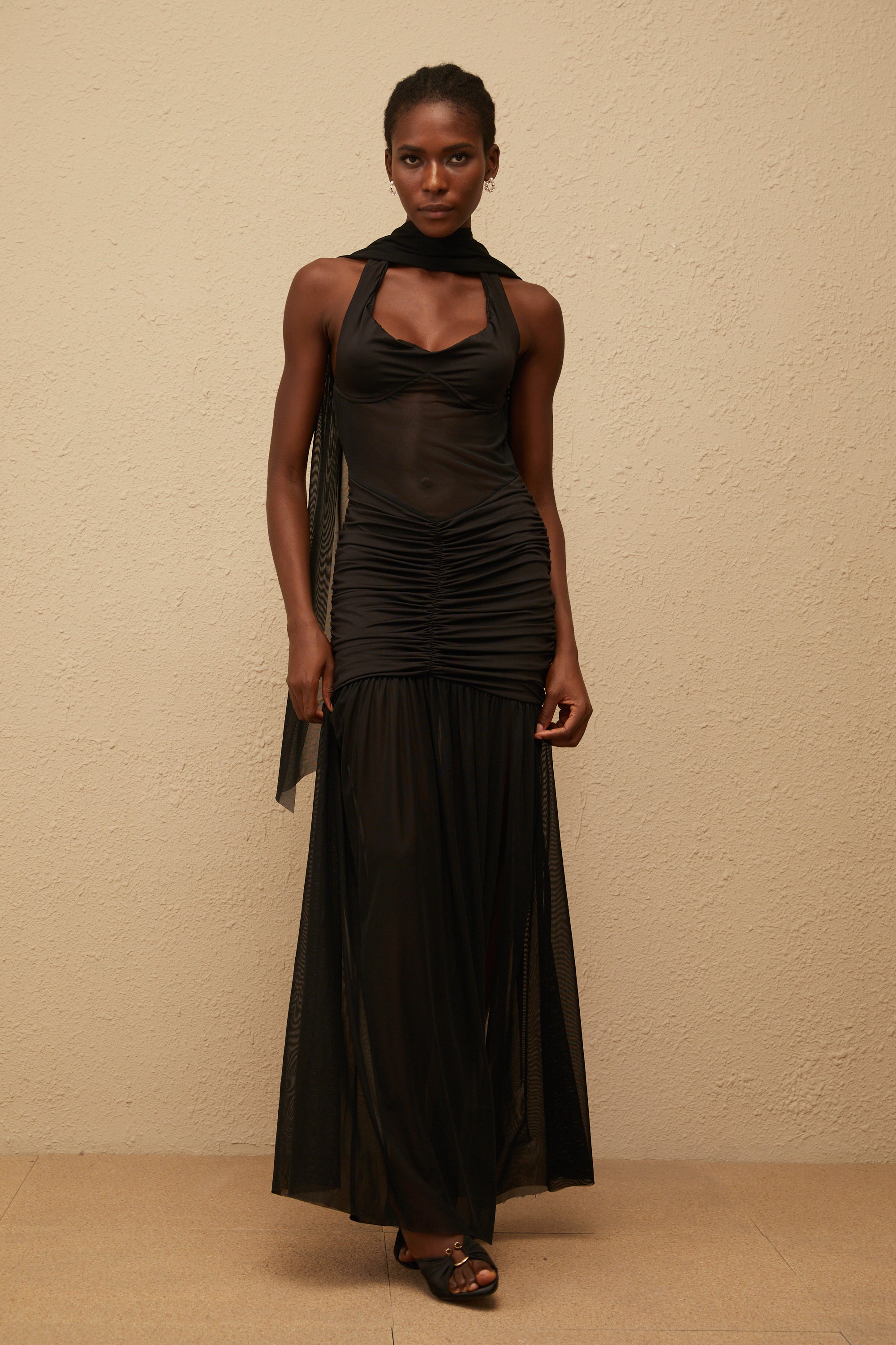 Léana Black Mesh Panel Ruched Maxi Dress