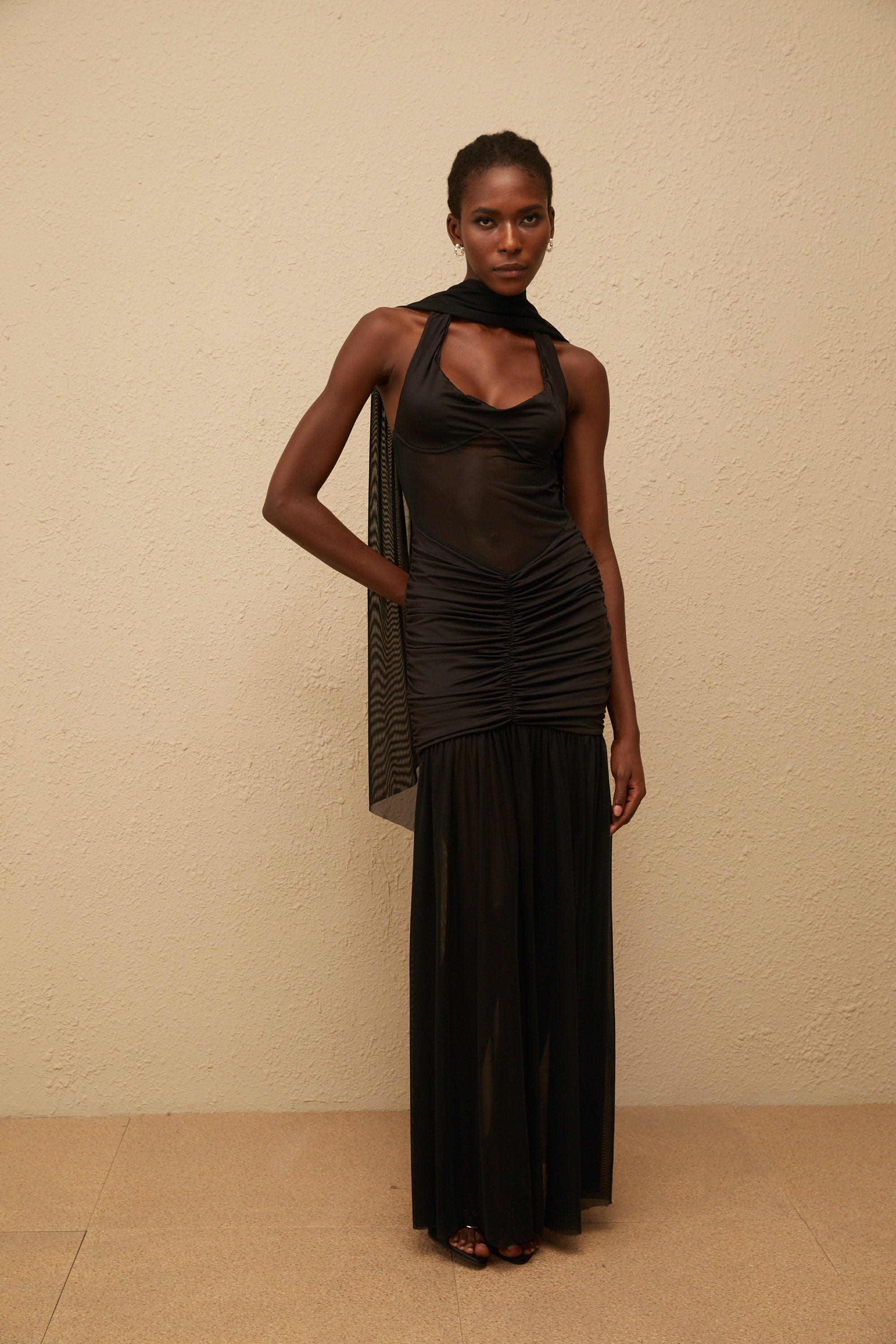 Léana Black Mesh Panel Ruched Maxi Dress