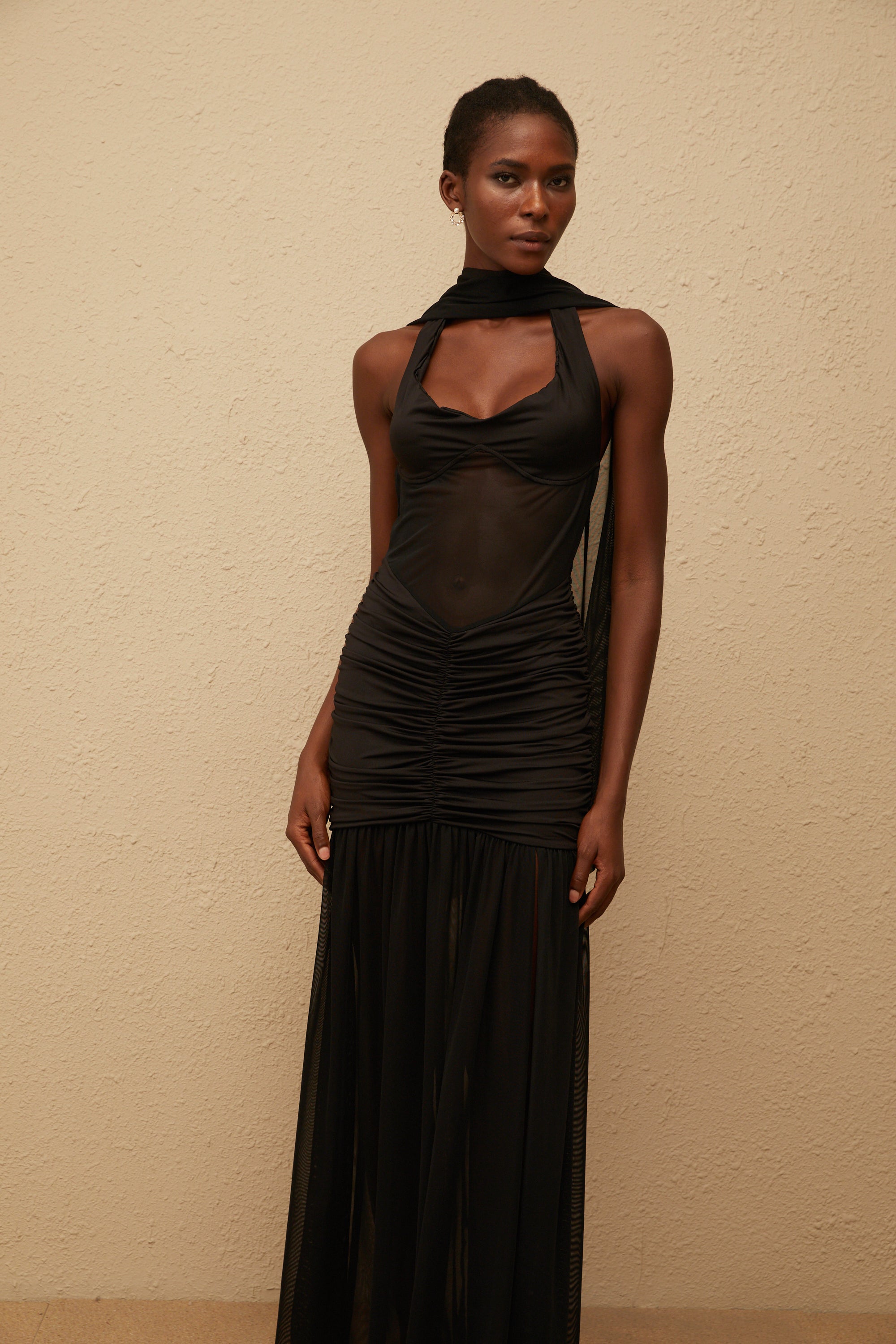 Léana Black Mesh Panel Ruched Maxi Dress