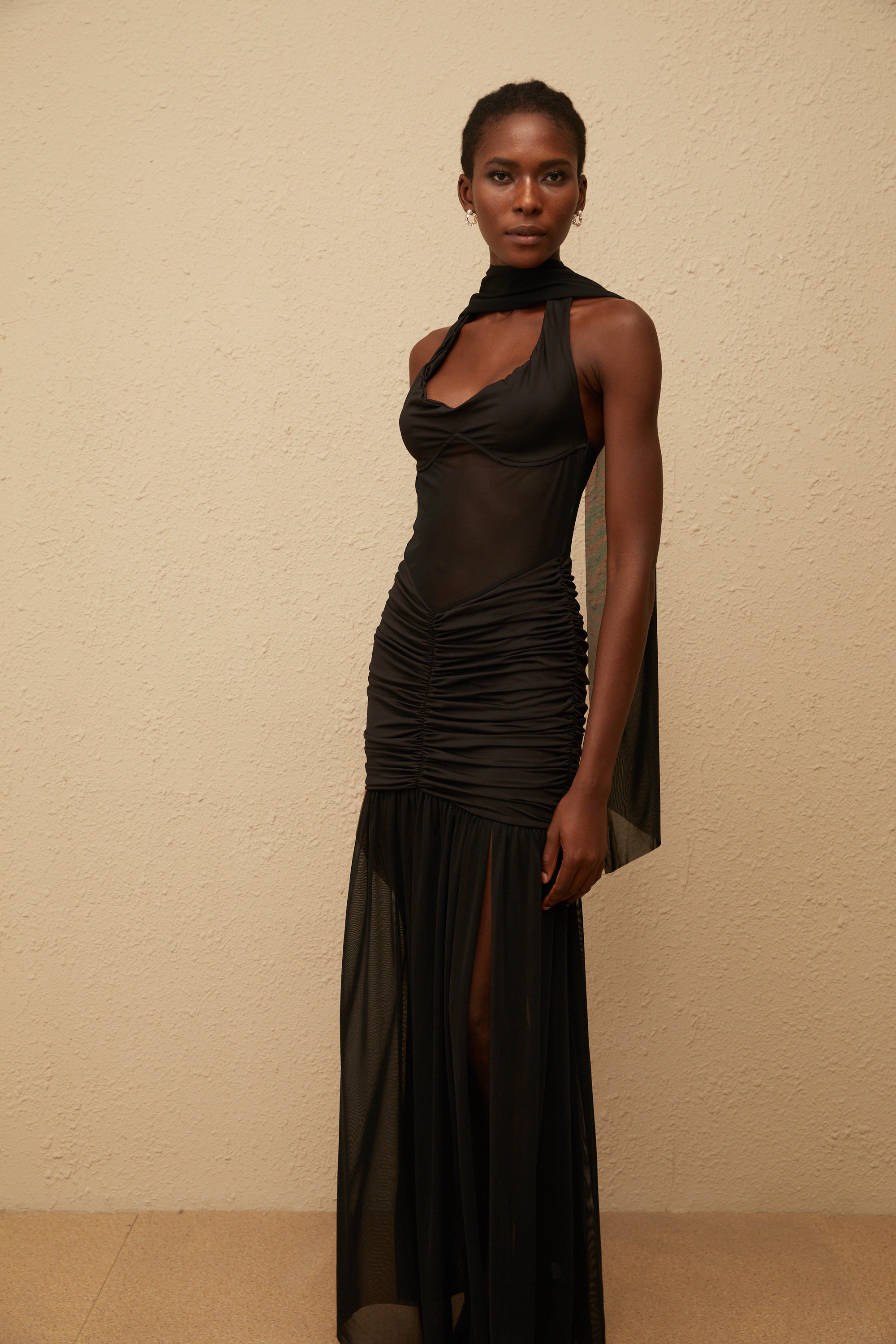 Léana Black Mesh Panel Ruched Maxi Dress