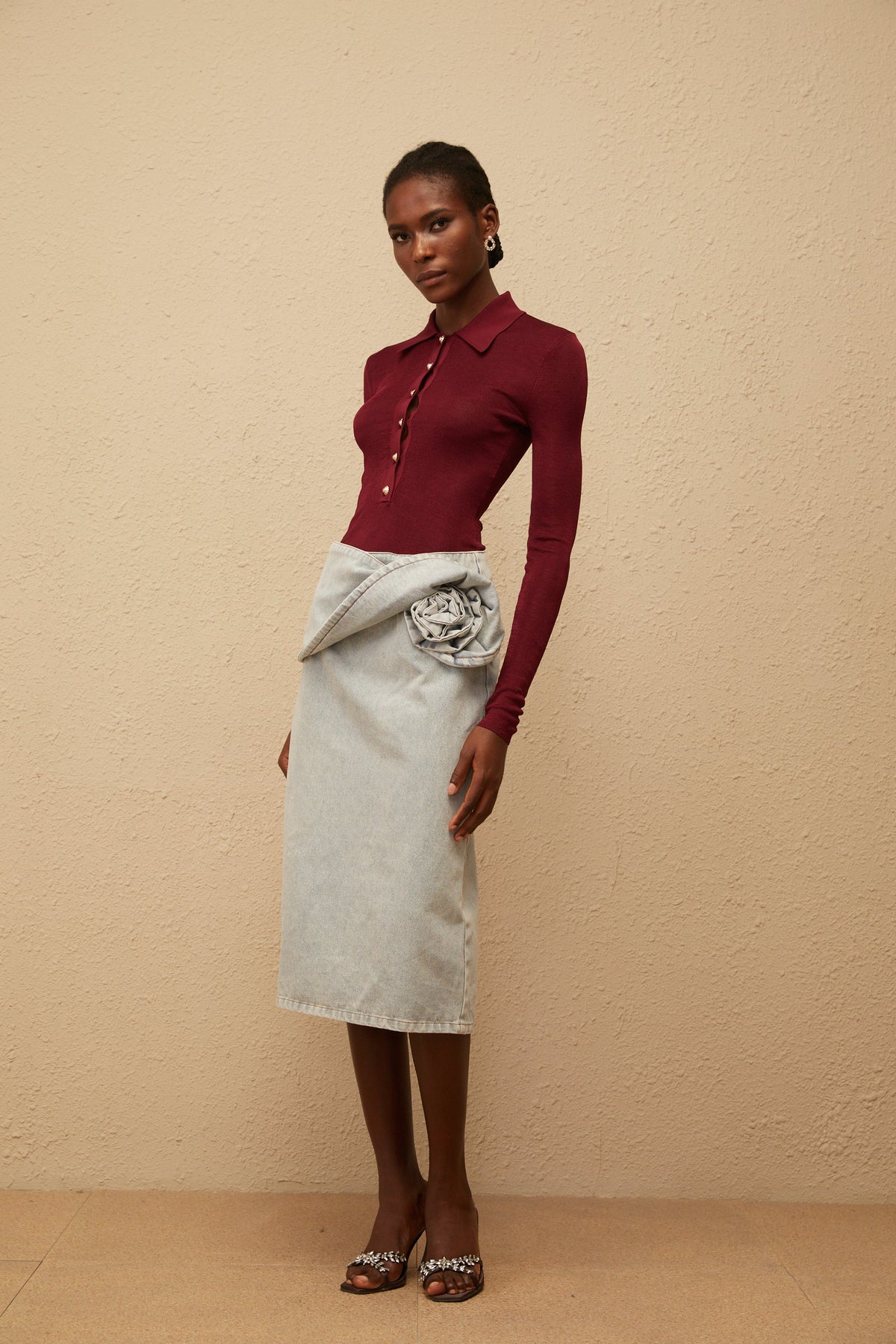Zélie Blue Floral Appliqué Denim Midi Skirt