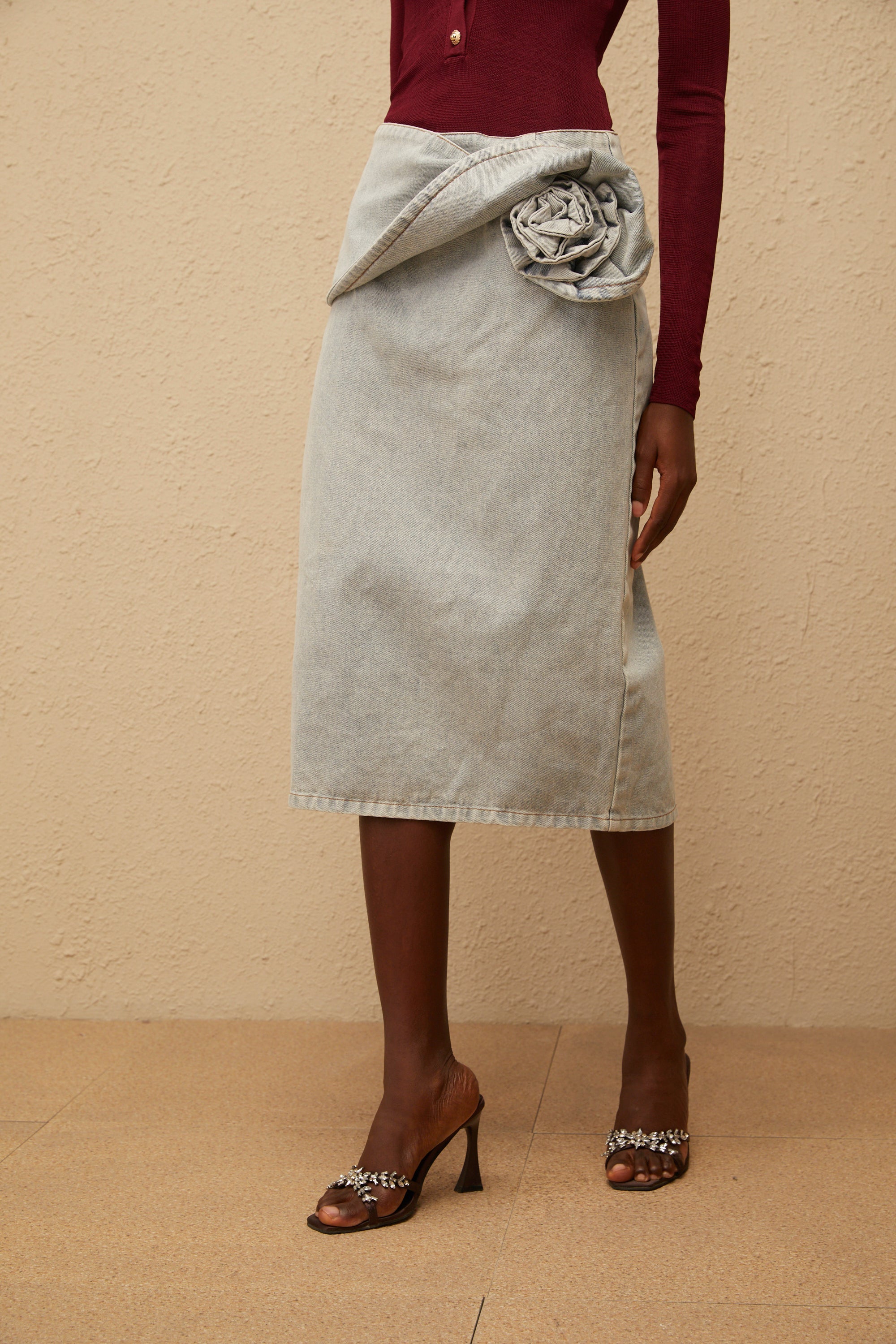 Zélie Blue Floral Appliqué Denim Midi Skirt