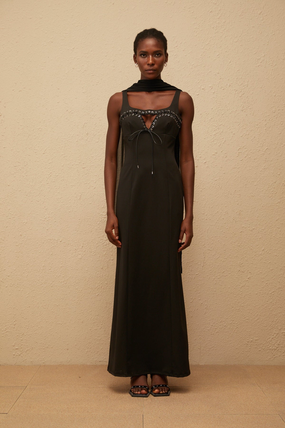 Donatienne Black Eyelet Corset Maxi Dress