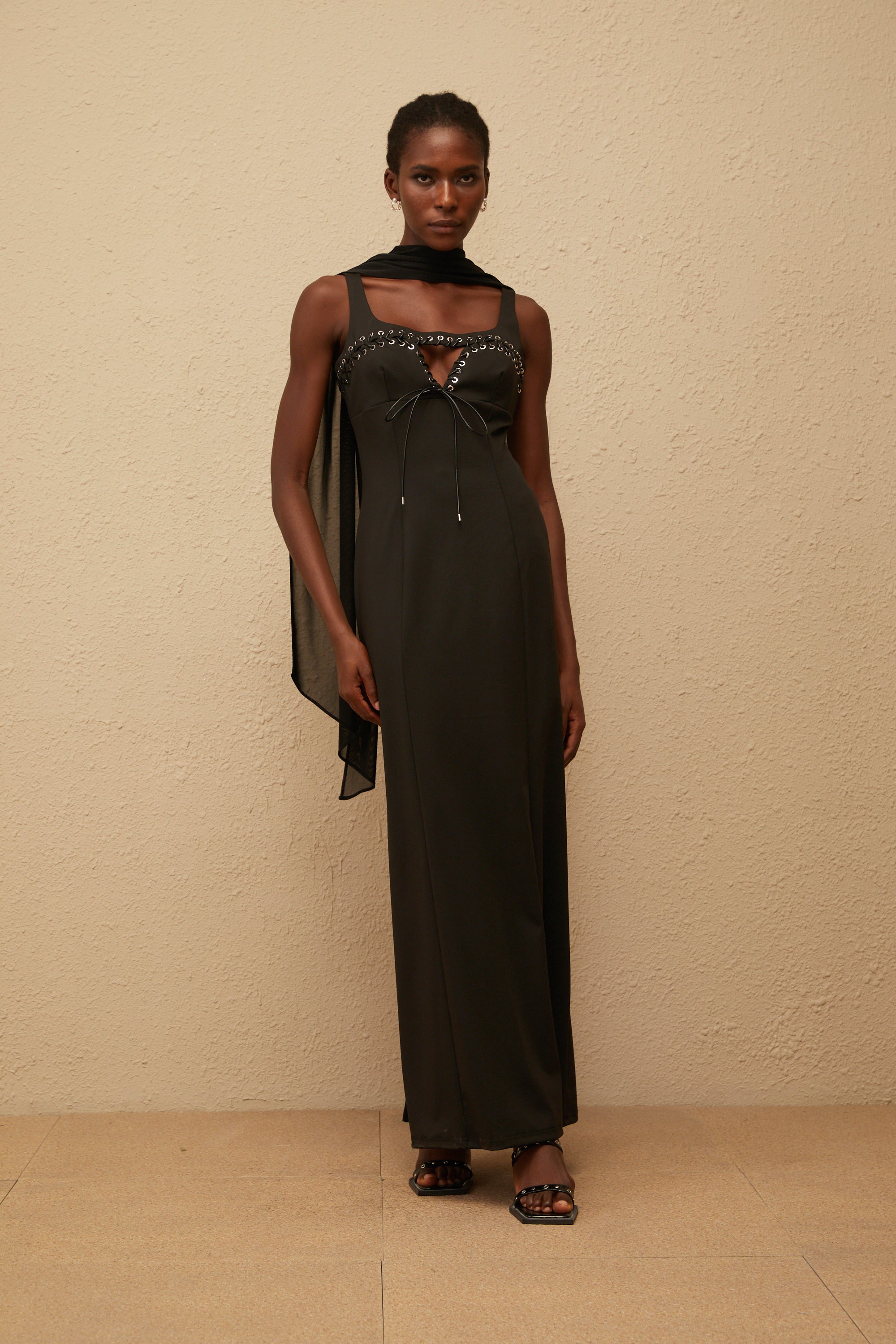 Donatienne Black Eyelet Corset Maxi Dress
