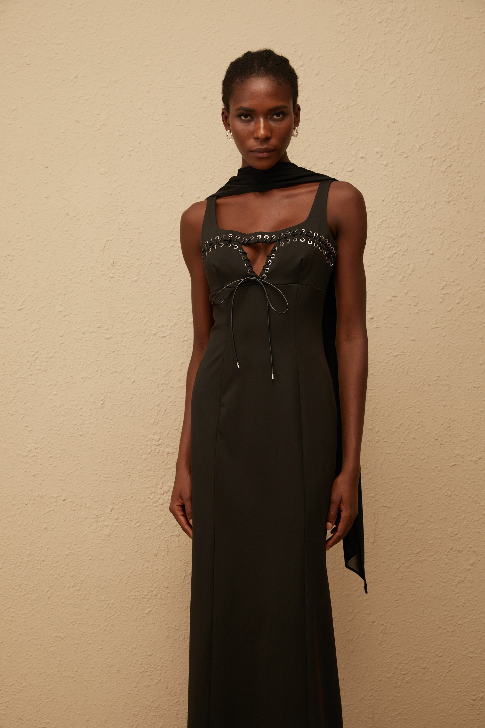 Donatienne Black Eyelet Corset Maxi Dress